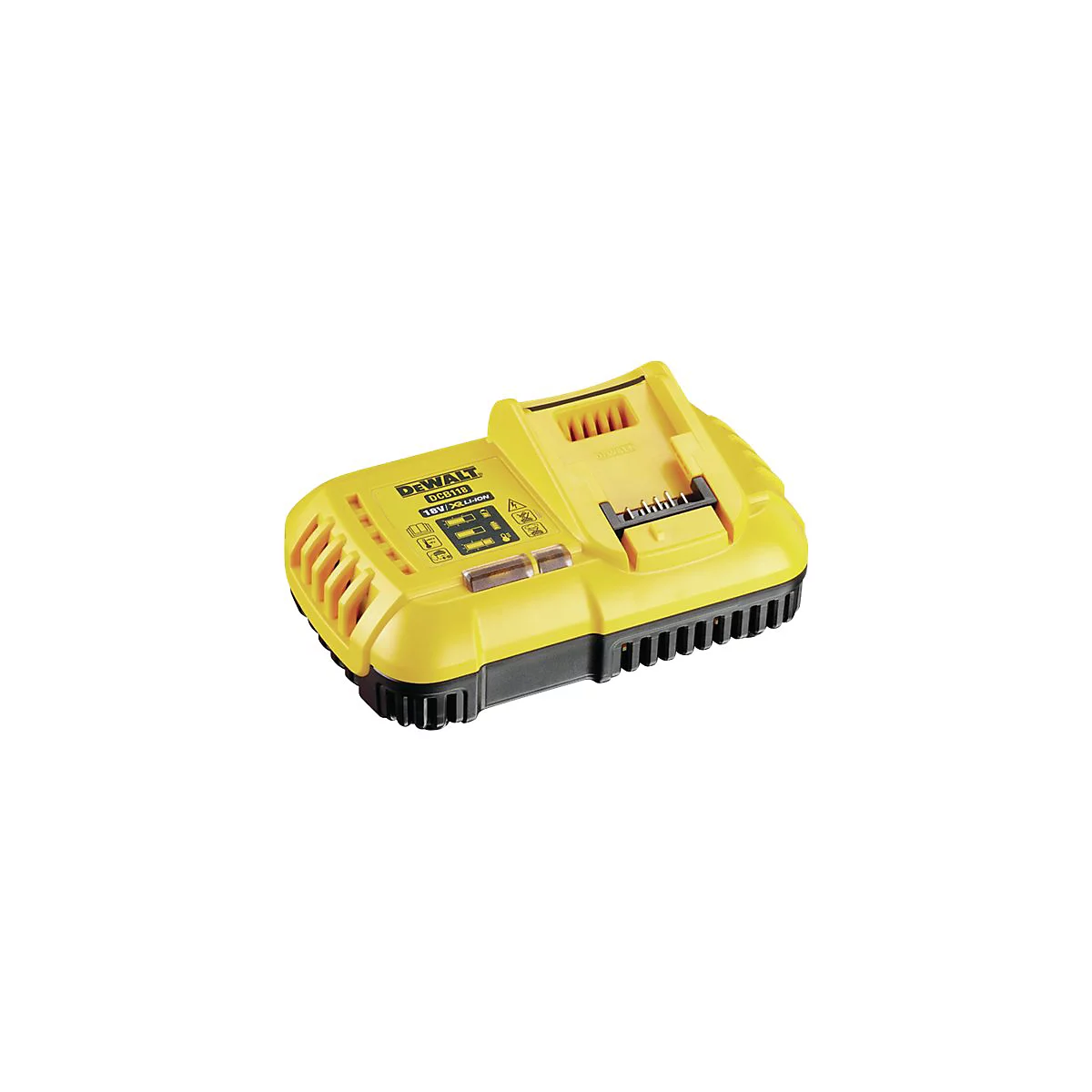 Gelbes DeWalt Akku-Ladegerät DCB118 für 18V XR Li-Ion Akkus vor weißem Hintergrund.