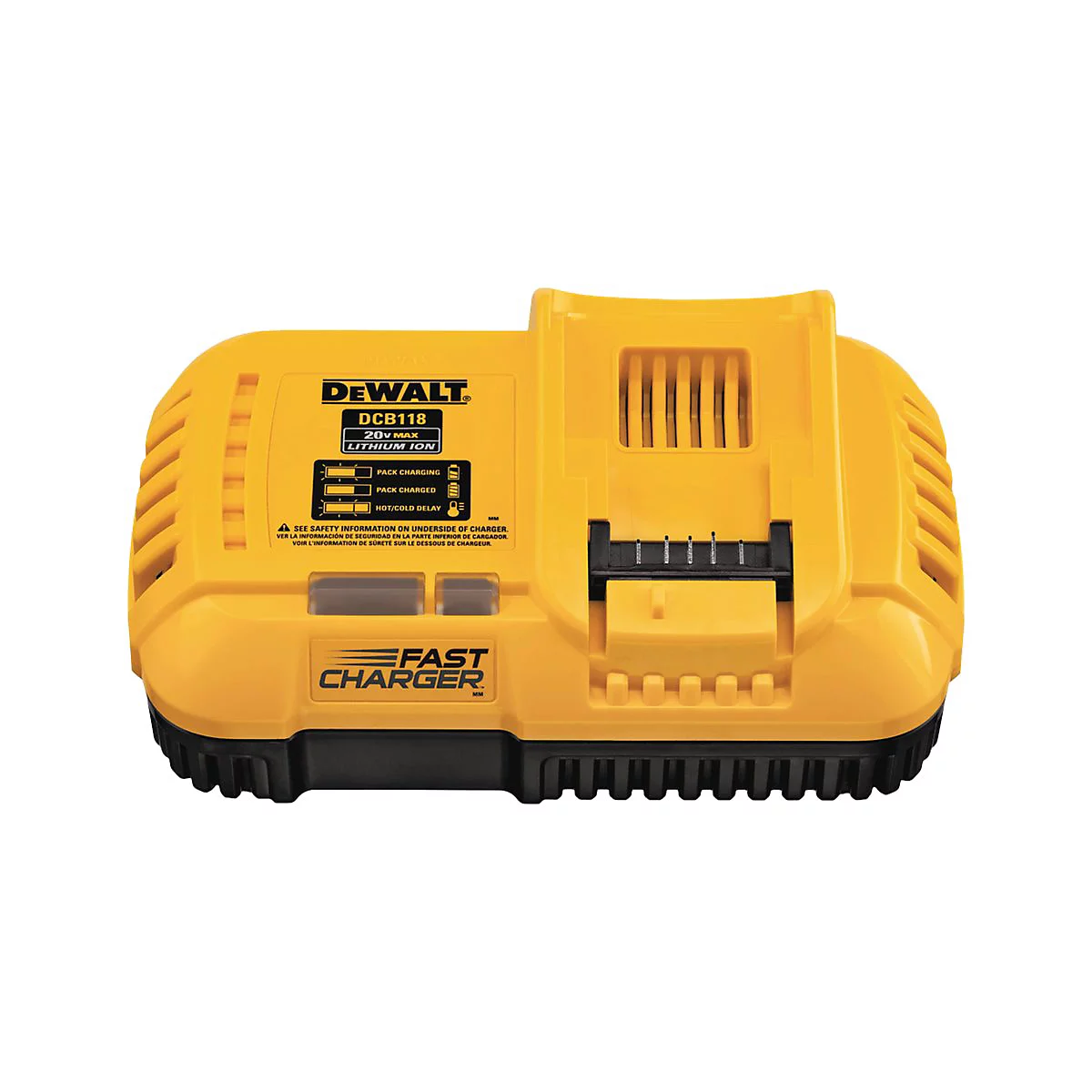 Gelbes DeWalt Akku-Schnellladegerät DCB118 für 20V Lithium-Ionen-Akkus mit Ladestatusanzeige.