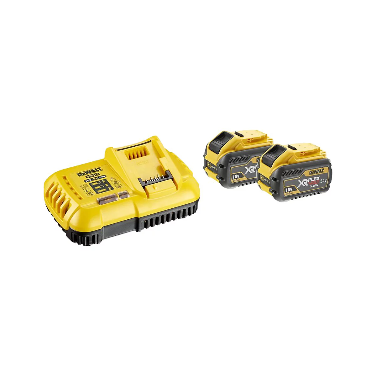 Ein gelb-schwarzes DeWalt-Ladegerät mit zwei dazu passenden Lithium-Ionen-Akkus vor weißem Hintergrund.