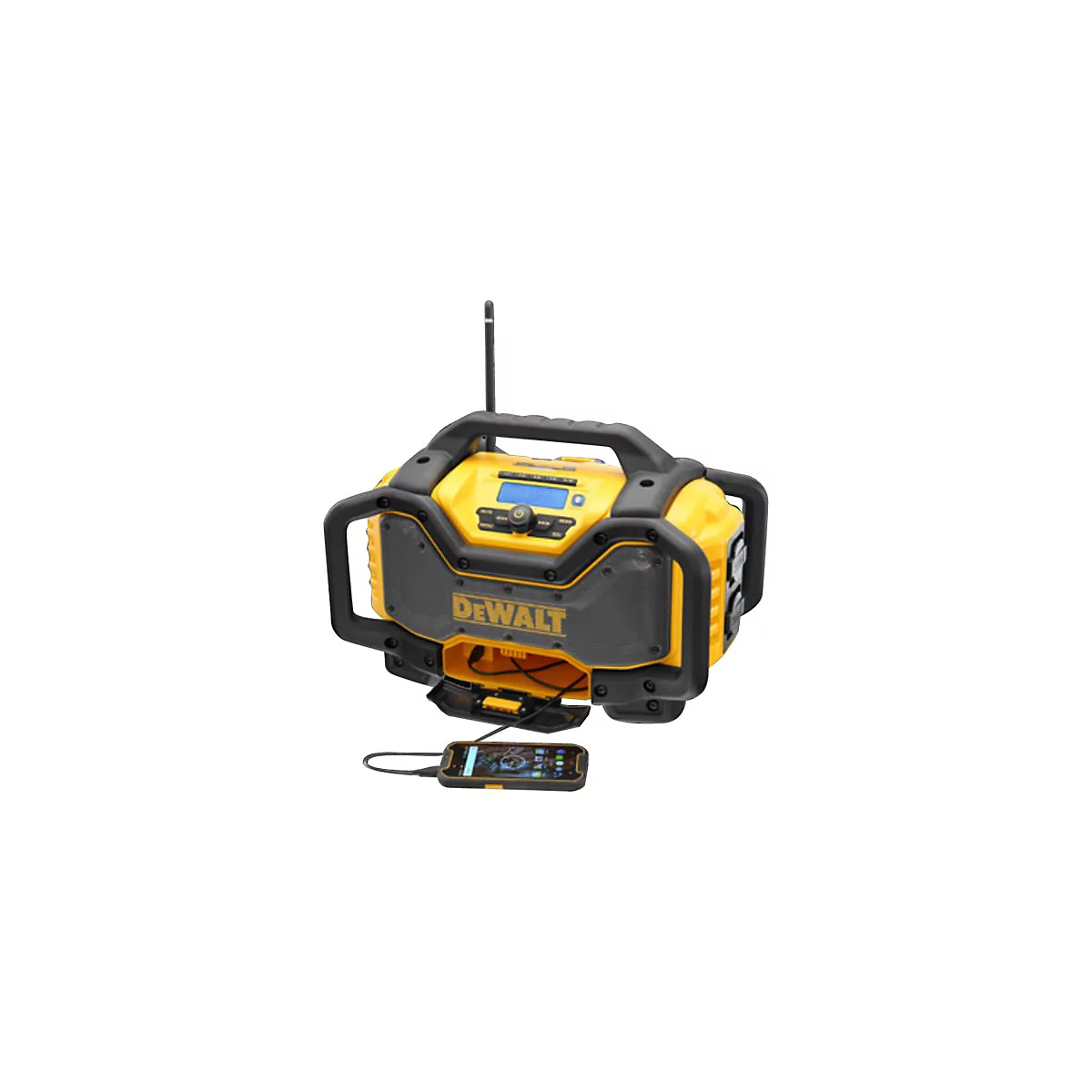 Gelb-schwarzes DeWalt Baustellenradio mit integriertem Lautsprecher, Antenne, Display und angeschlossenem Smartphone.