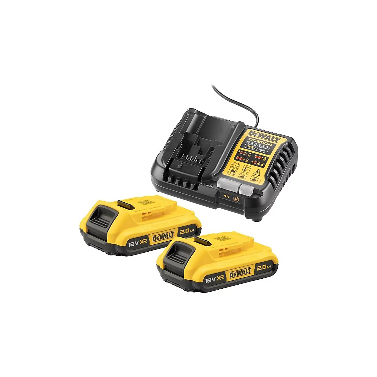 Batteries jaunes et un chargeur noir de la marque DeWalt. Inscription : 18V XR et 2,0 Ah.