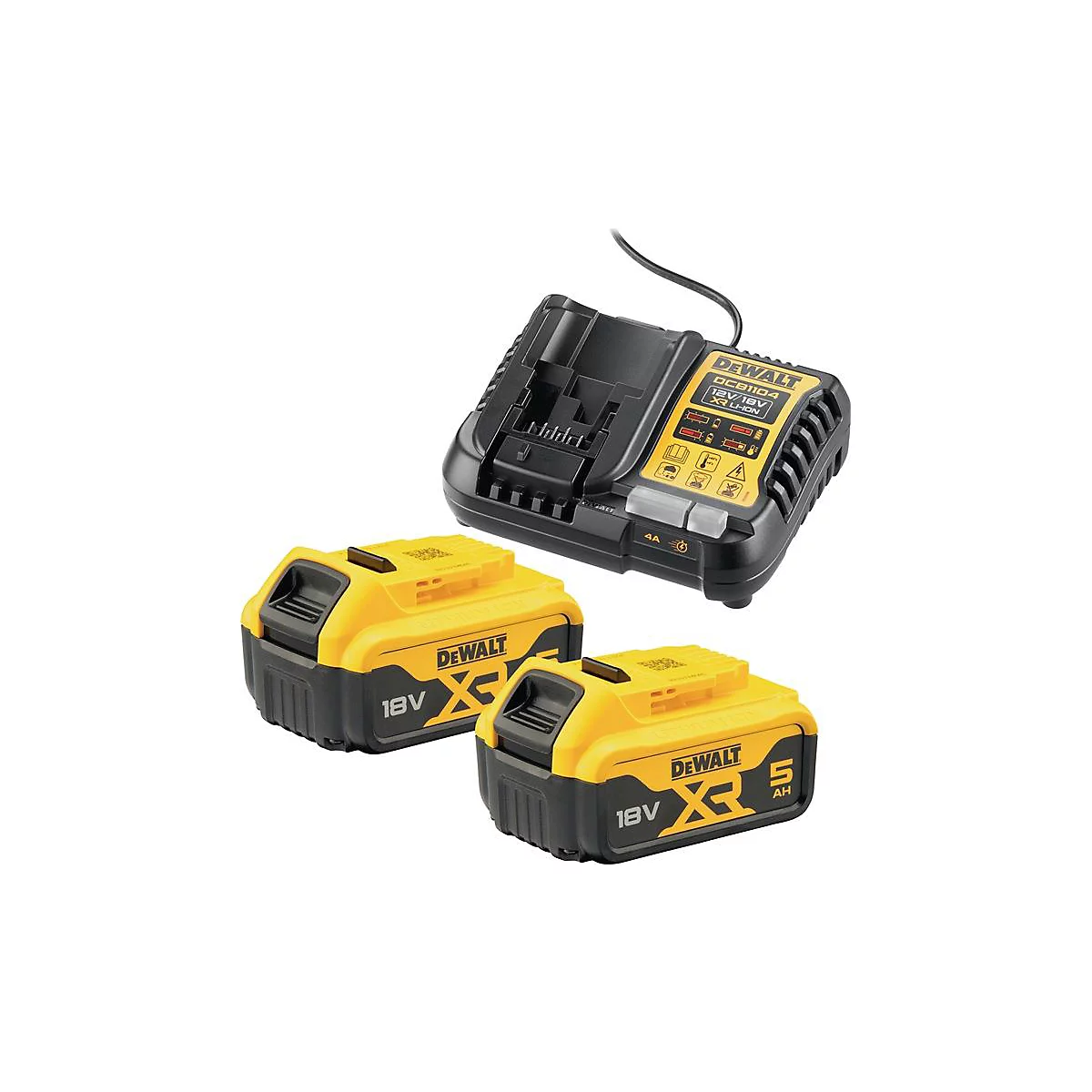 Chargeur de batterie avec deux batteries jaunes, marque DeWalt. Inscription : 18V, XR, 5AH, DCB1104.