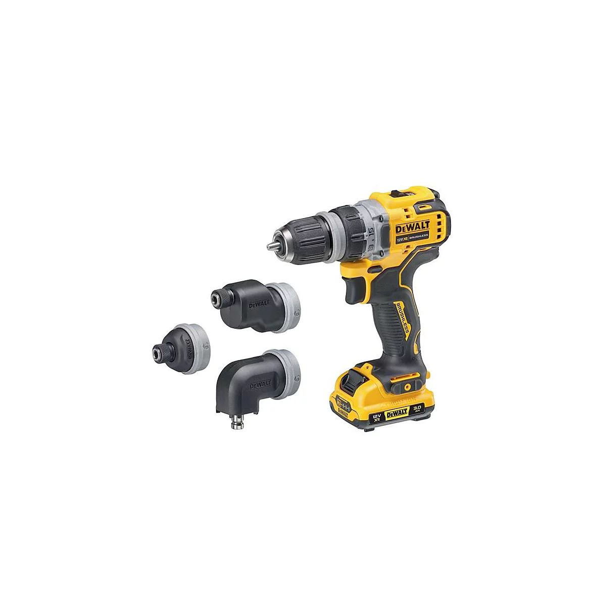 Perceuse sans fil DeWalt jaune et noire avec trois accessoires. La perceuse est légèrement inclinée vers la droite. Les accessoires sont à gauche.