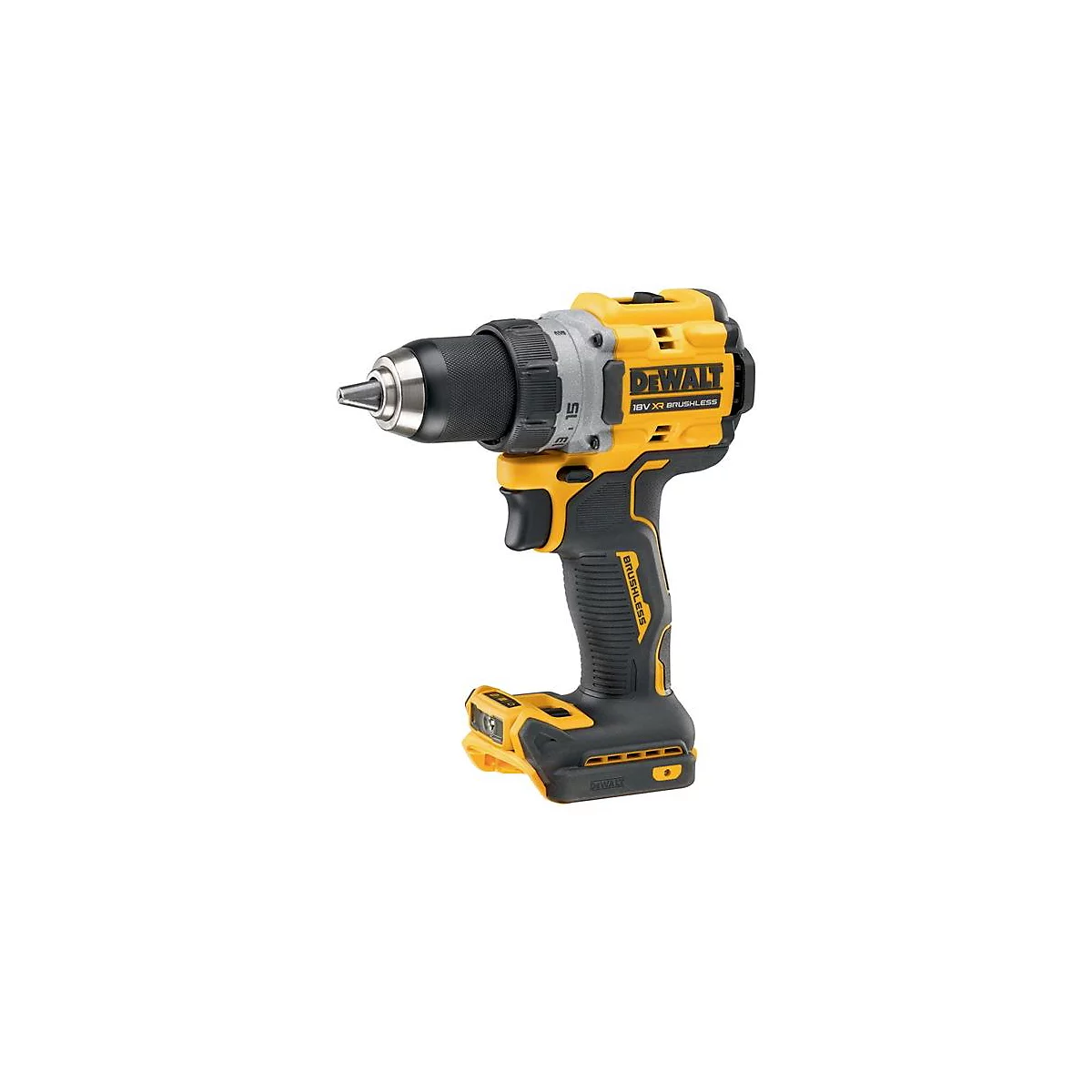 Perceuse sans fil jaune et noire de Dewalt, sur fond blanc. Inscription : "DEWALT 18V XR BRUSHLESS".