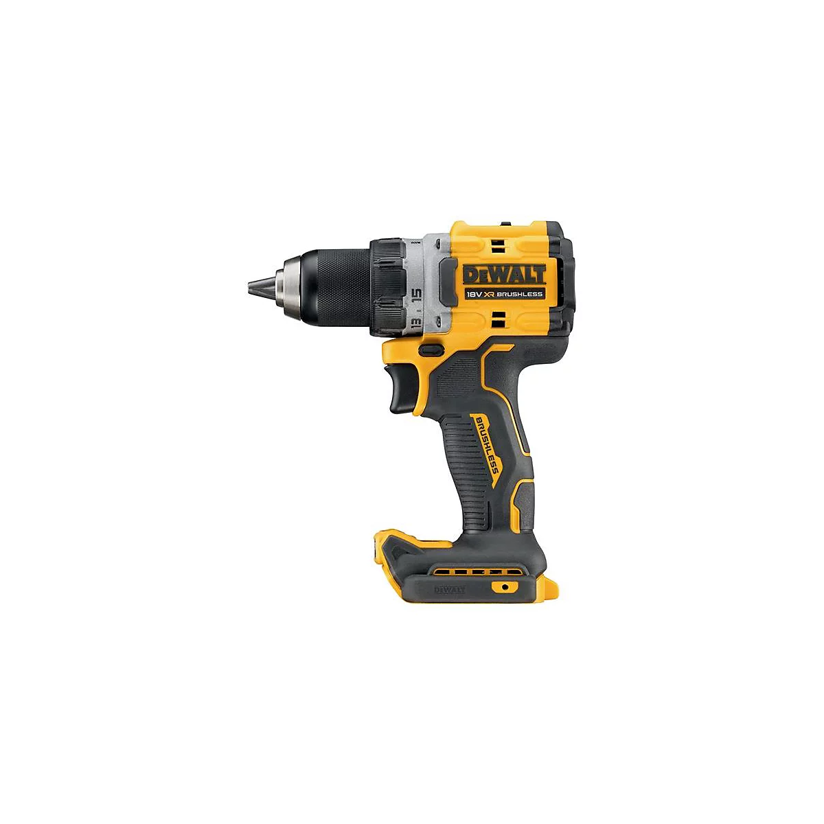 Perceuse-visseuse sans fil DeWalt jaune et noire. L'inscription 'DEWALT' est clairement visible.