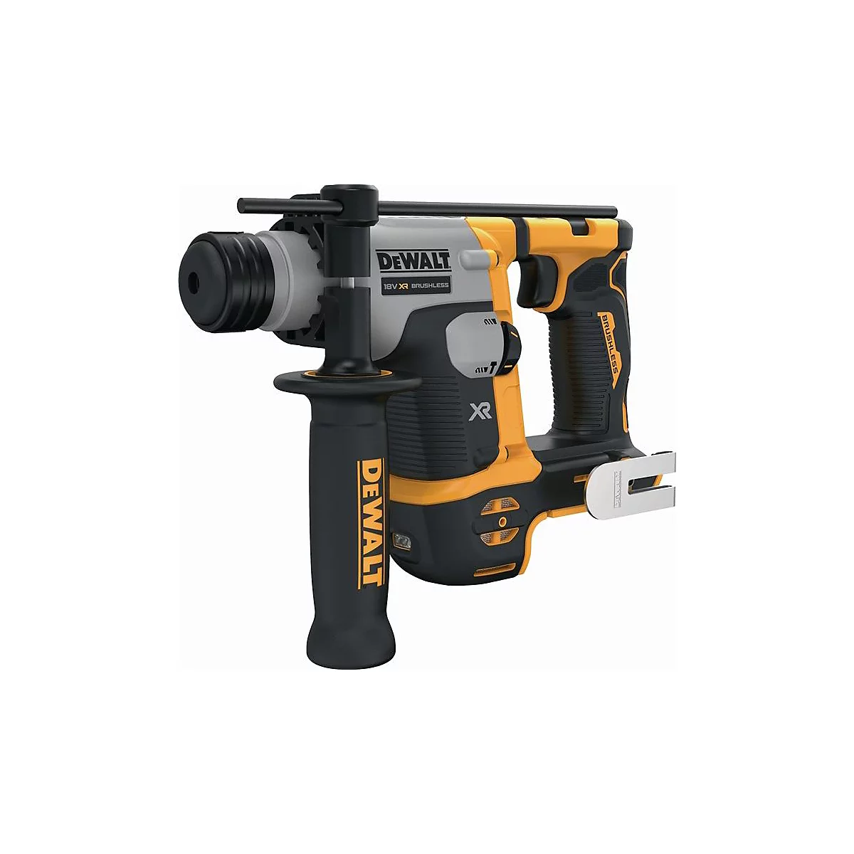 Marteau perforateur DeWalt jaune et noir avec poignée supplémentaire et support de batterie.