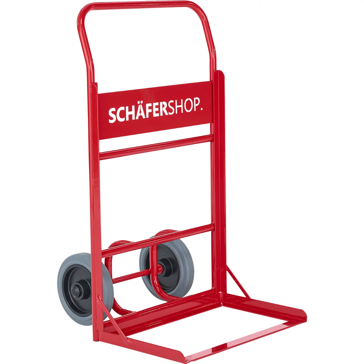 Diable rouge avec l'inscription "SCHÄFERSHOP". Roues grises.