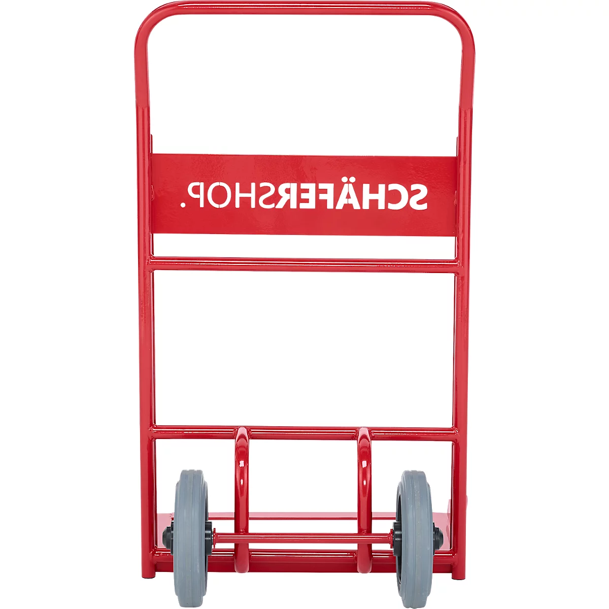 Chariot rouge avec SCHÄFERSHOP. Roues grises, entretoises verticales.