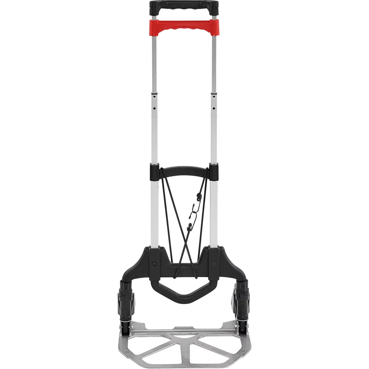 Un chariot pliable gris avec une poignée rouge, une base noire et des roues argentées. Le chariot est vu en détail.