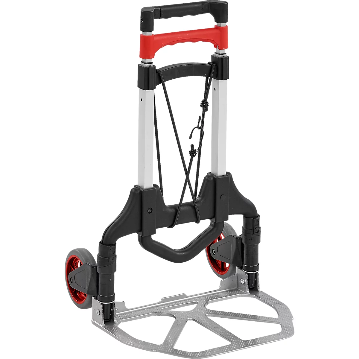 Un chariot pliable argenté pour le transport de marchandises. Il a des poignées et des roues rouges.