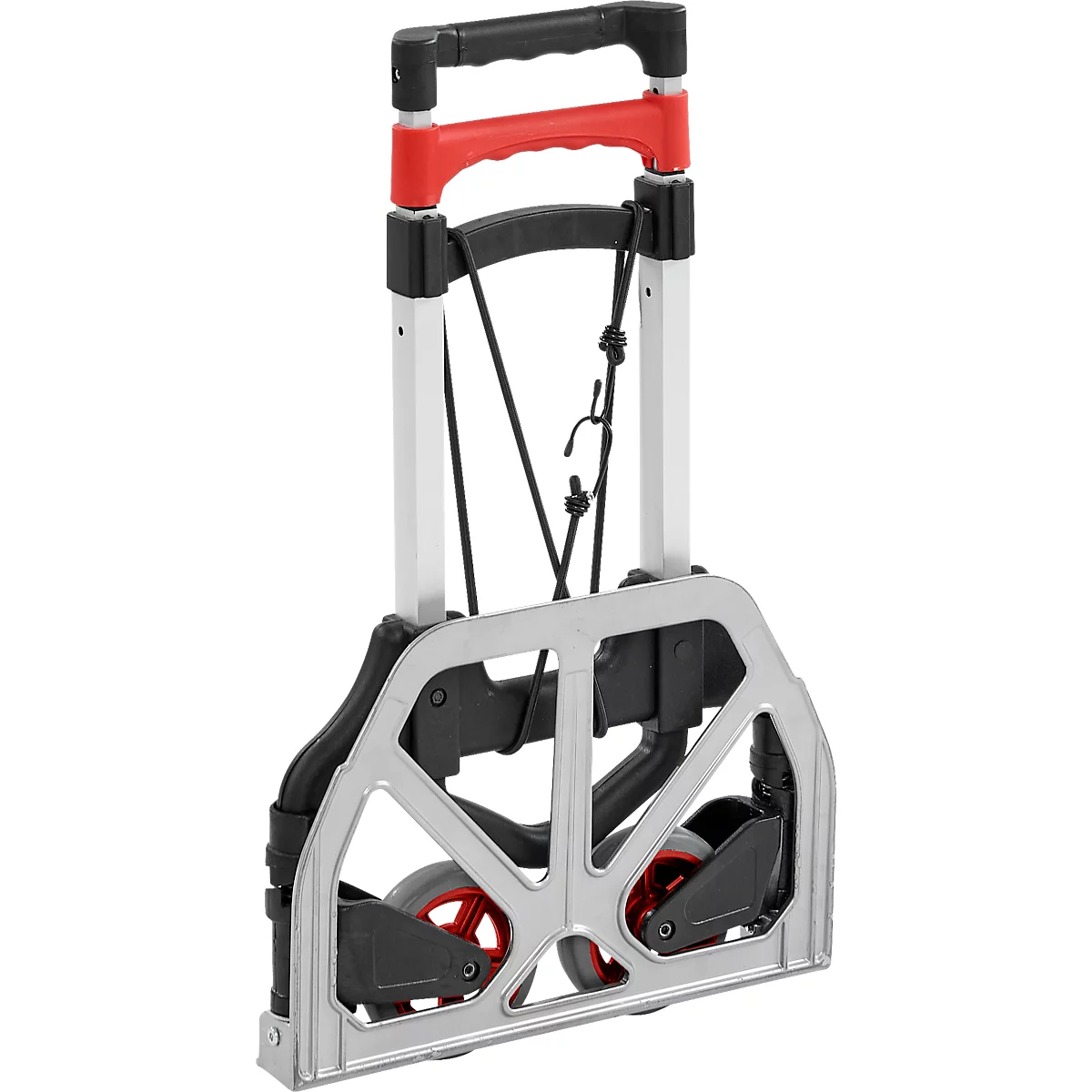 Chariot de courses pliable avec éléments rouges et noirs, en métal.