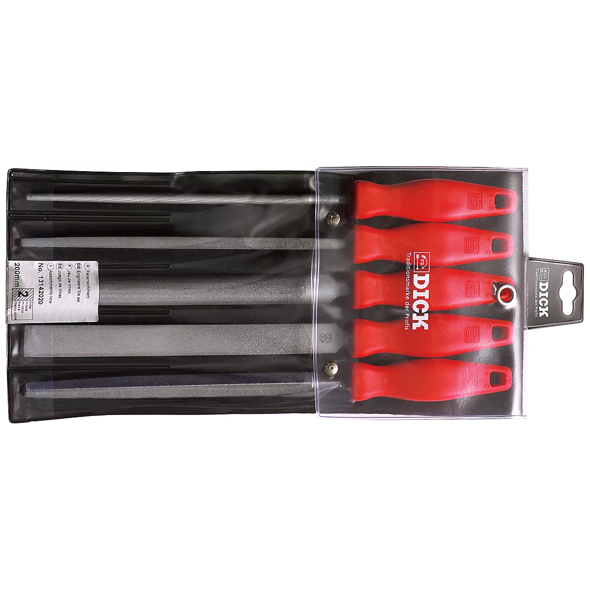 Tool set with black files and red handles in a transparent bag.