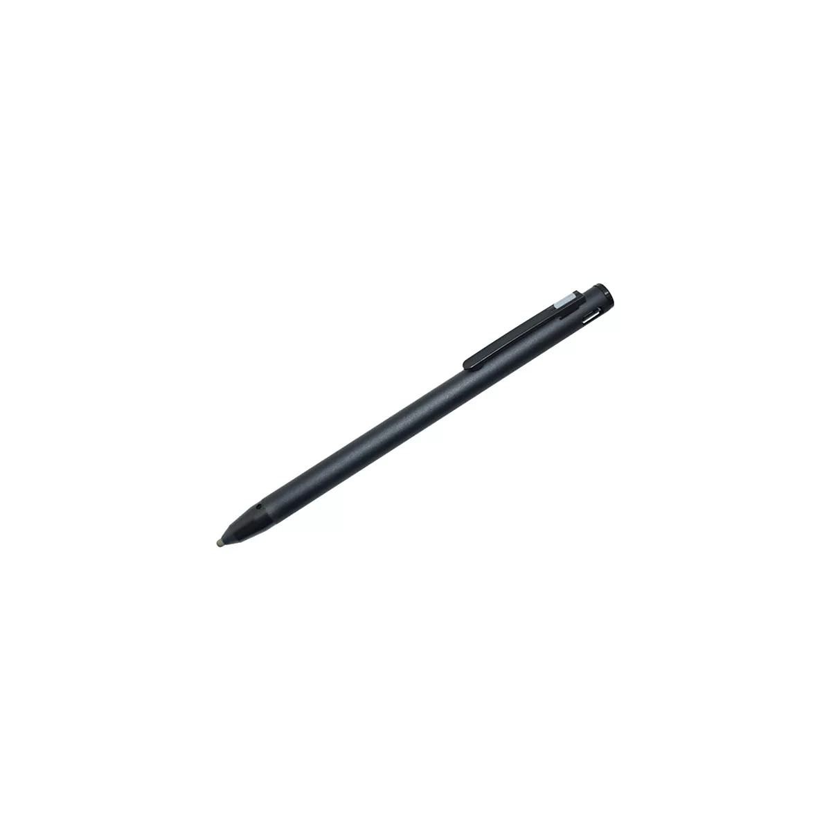 Ein schwarzer Eingabestift mit Clip vor weißem Hintergrund.