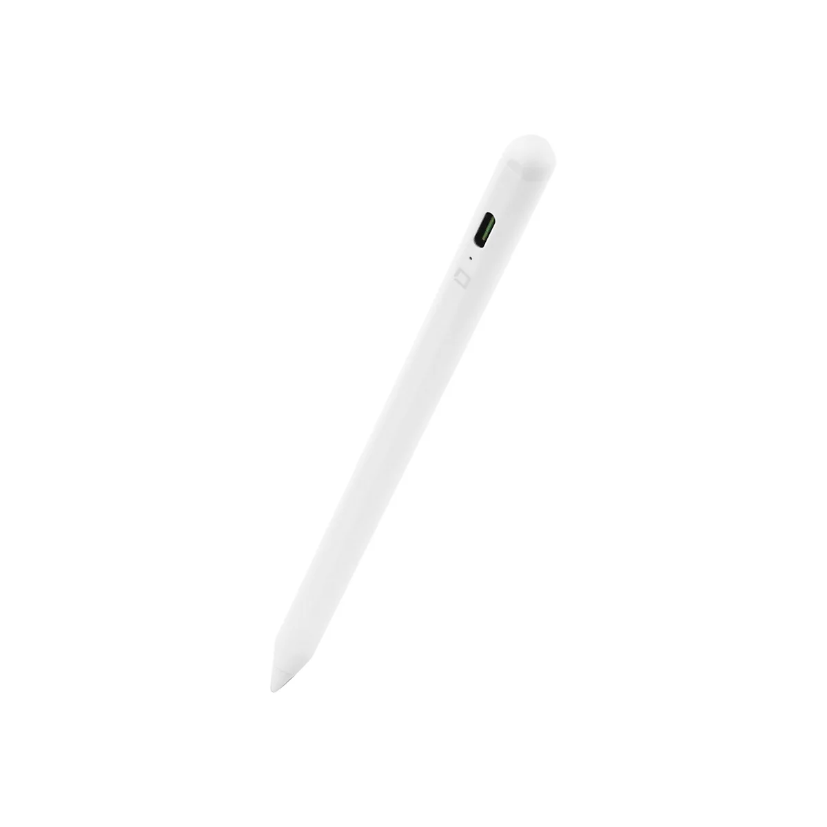 Stylet blanc sur fond blanc, avec un élément vert près de la pointe.