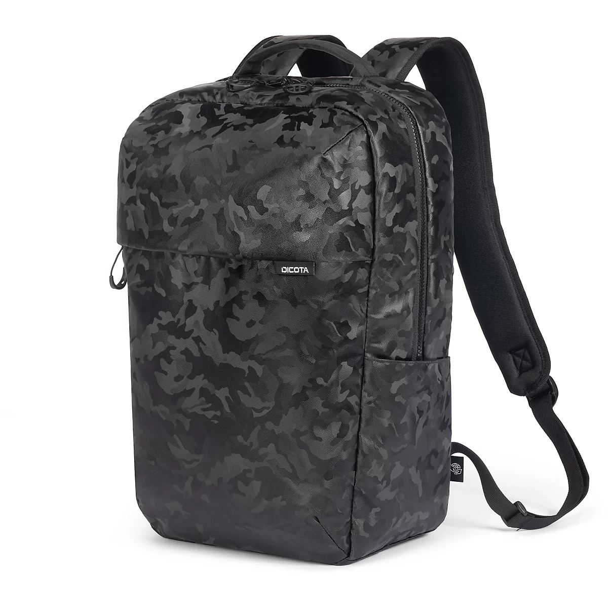 Sac à dos camouflage noir. Marque Dicota sur le devant. Bretelles et poignée en tissu noir.