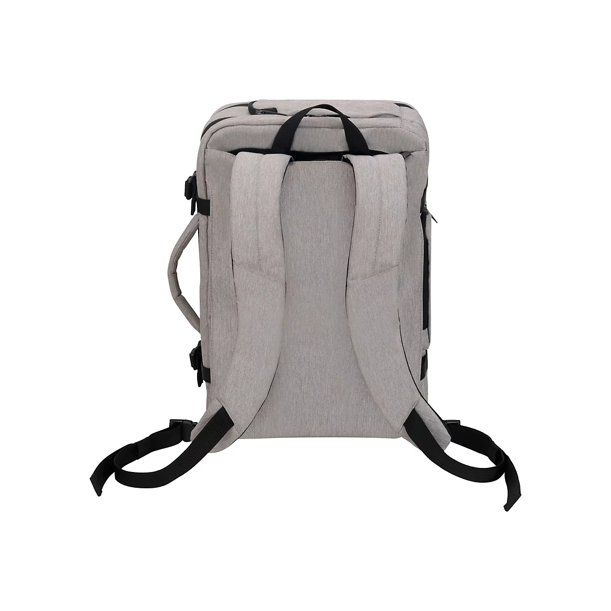 Grauer Rucksack mit schwarzen Gurten und Griff, RÃ¼ckansicht.