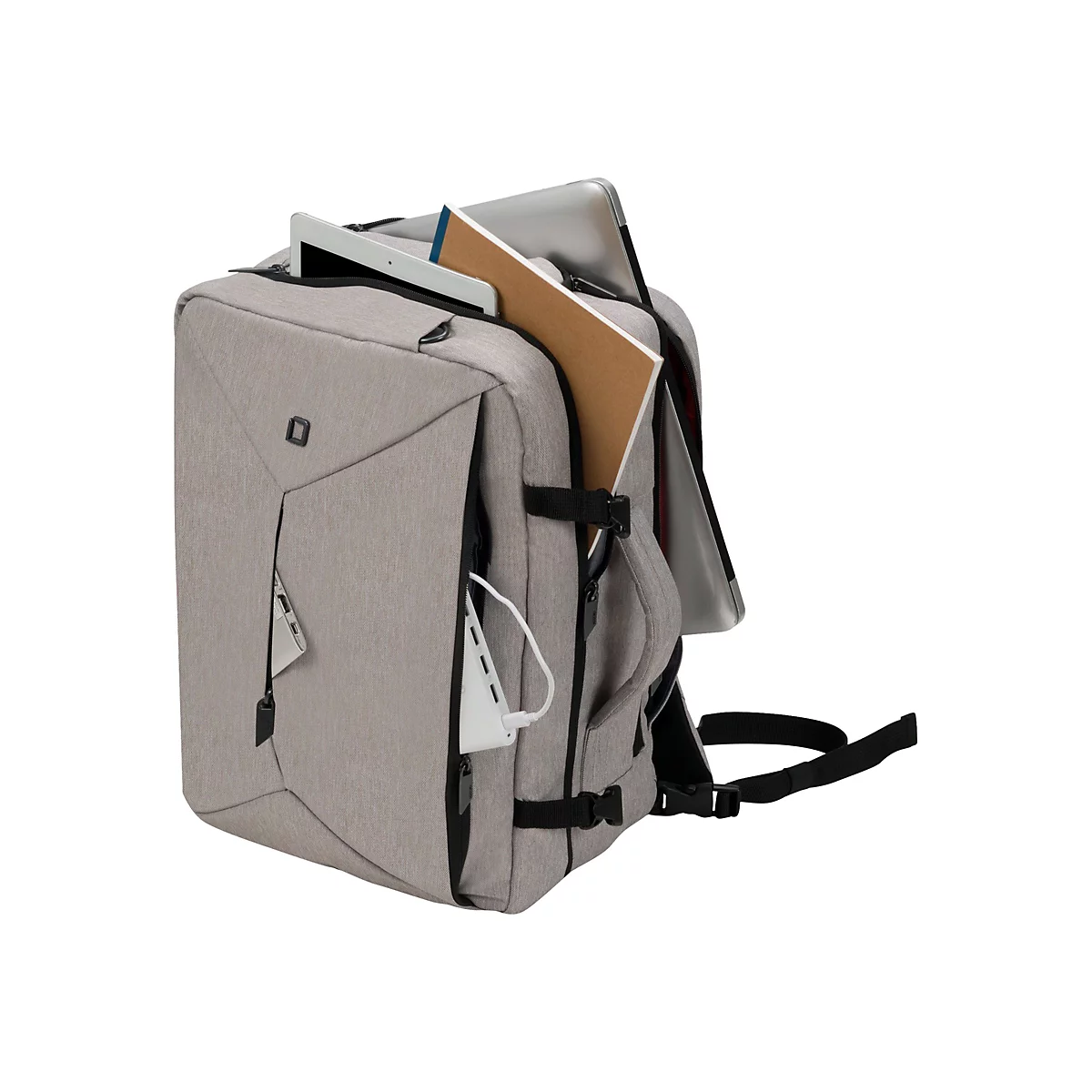 Grauer Rucksack mit Laptop, Tablet und Notizbuch, vor weiÃŸem Hintergrund.