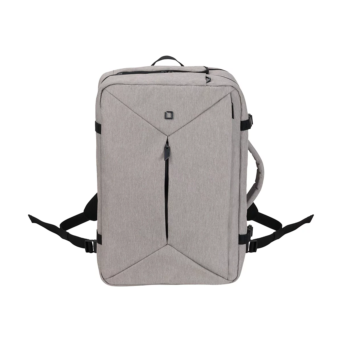 Grauer Rucksack, rechteckige Form. Schwarze Gurte, ReiÃŸverschluss und Tragegriff. Logo auf der Vorderseite.