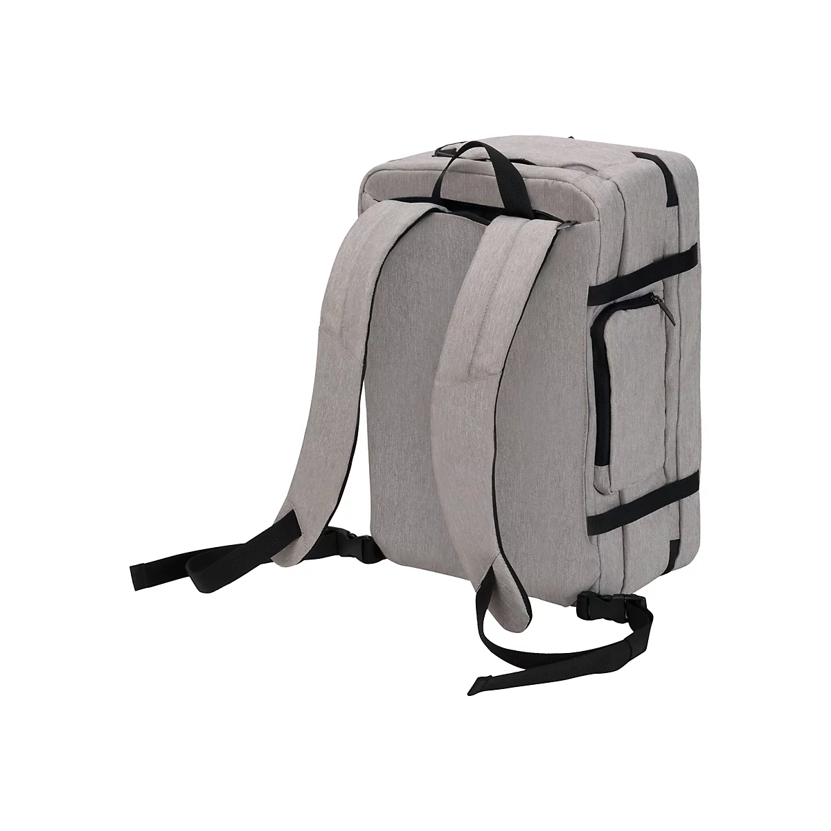 Grauer Rucksack von hinten, mit schwarzen TrÃ¤gern und Details.