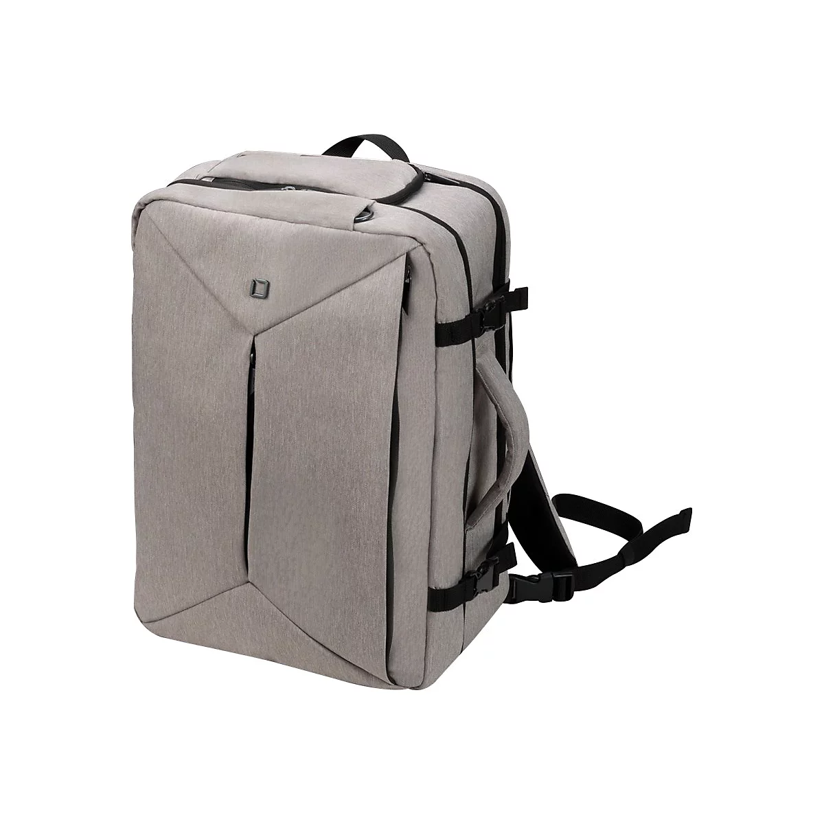 Beige Reisetasche mit schwarzen ReiÃŸverschlÃ¼ssen und Gurten vor weiÃŸem Hintergrund.