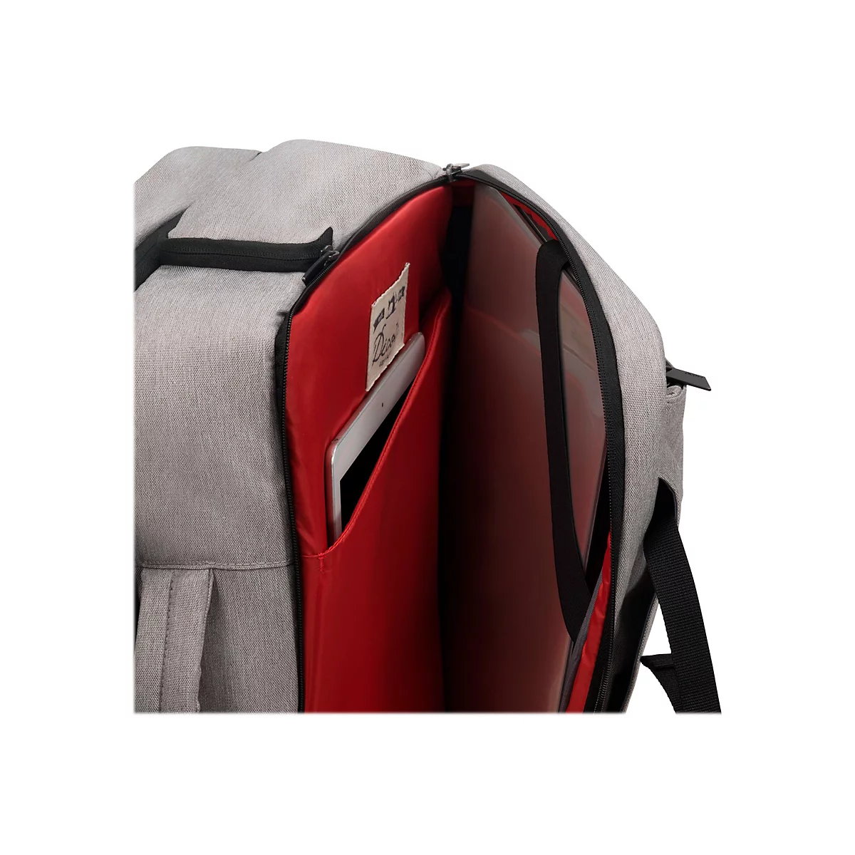 Ein grauer Rucksack, teilweise geÃ¶ffnet, zeigt ein rotes Innenfutter und eine Tablet-Tasche.