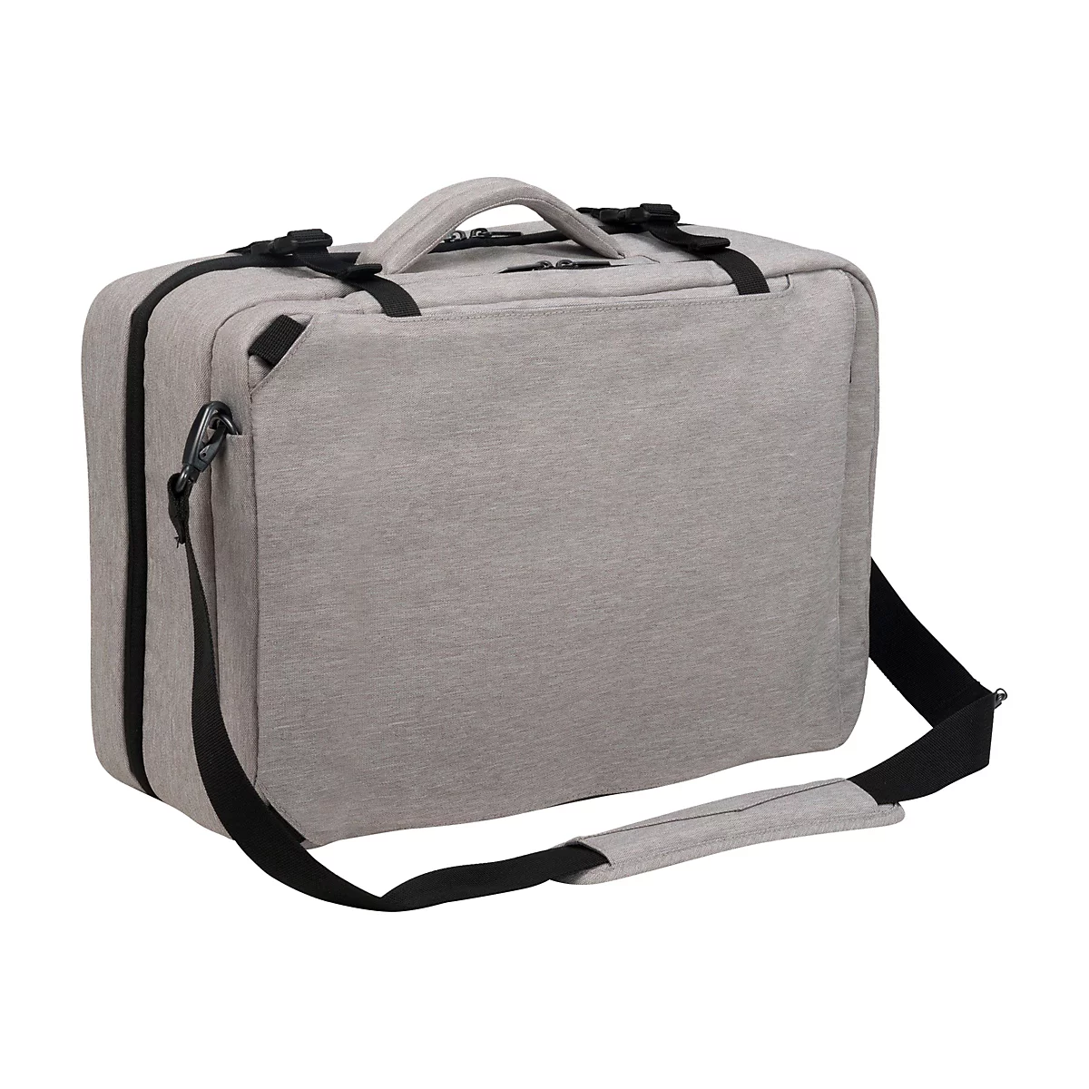 Hellgraue Laptoptasche mit Tragegriff, Schultergurt und schwarze Verschlüsse.