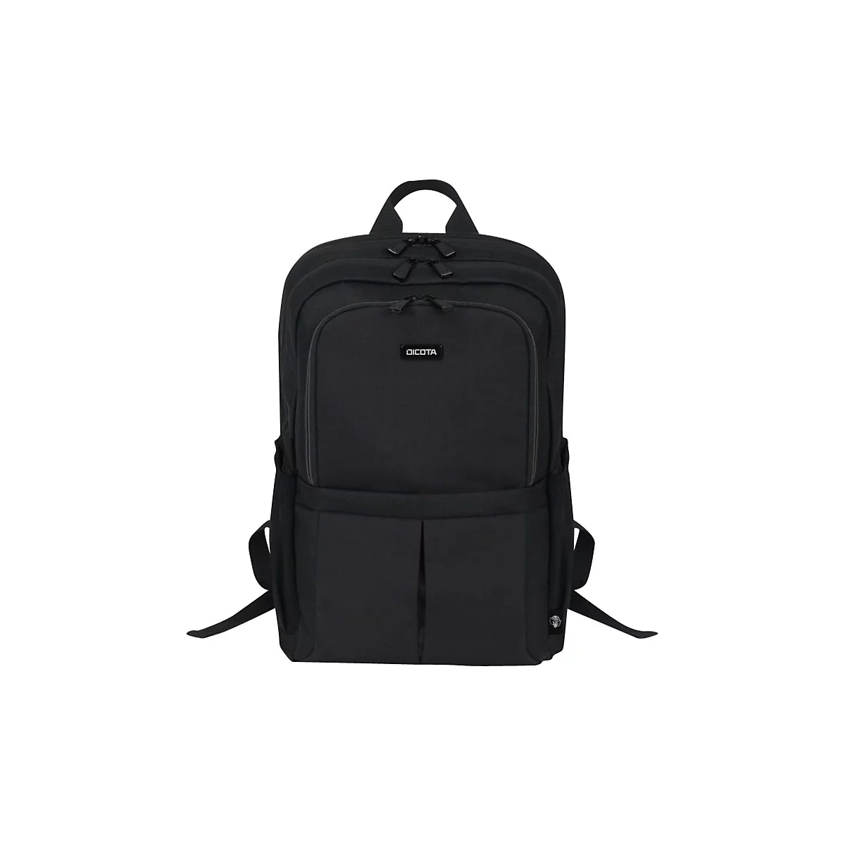 Schwarzer Rucksack mit mehreren Fächern und dem Dicota-Logo.