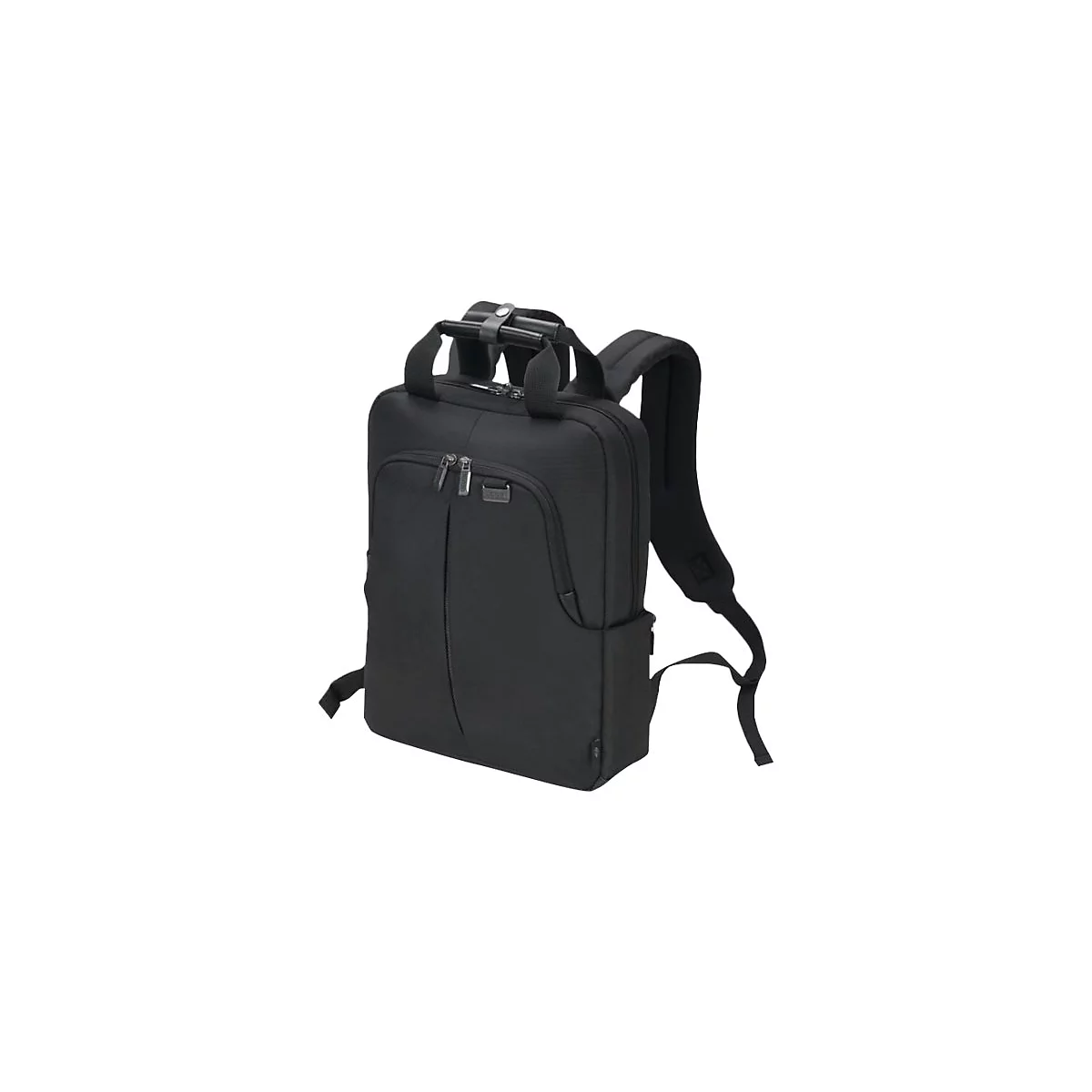 Schwarzer Laptop-Rucksack mit Griff, Schultergurten und ReiÃŸverschlÃ¼ssen. Neutraler Hintergrund.