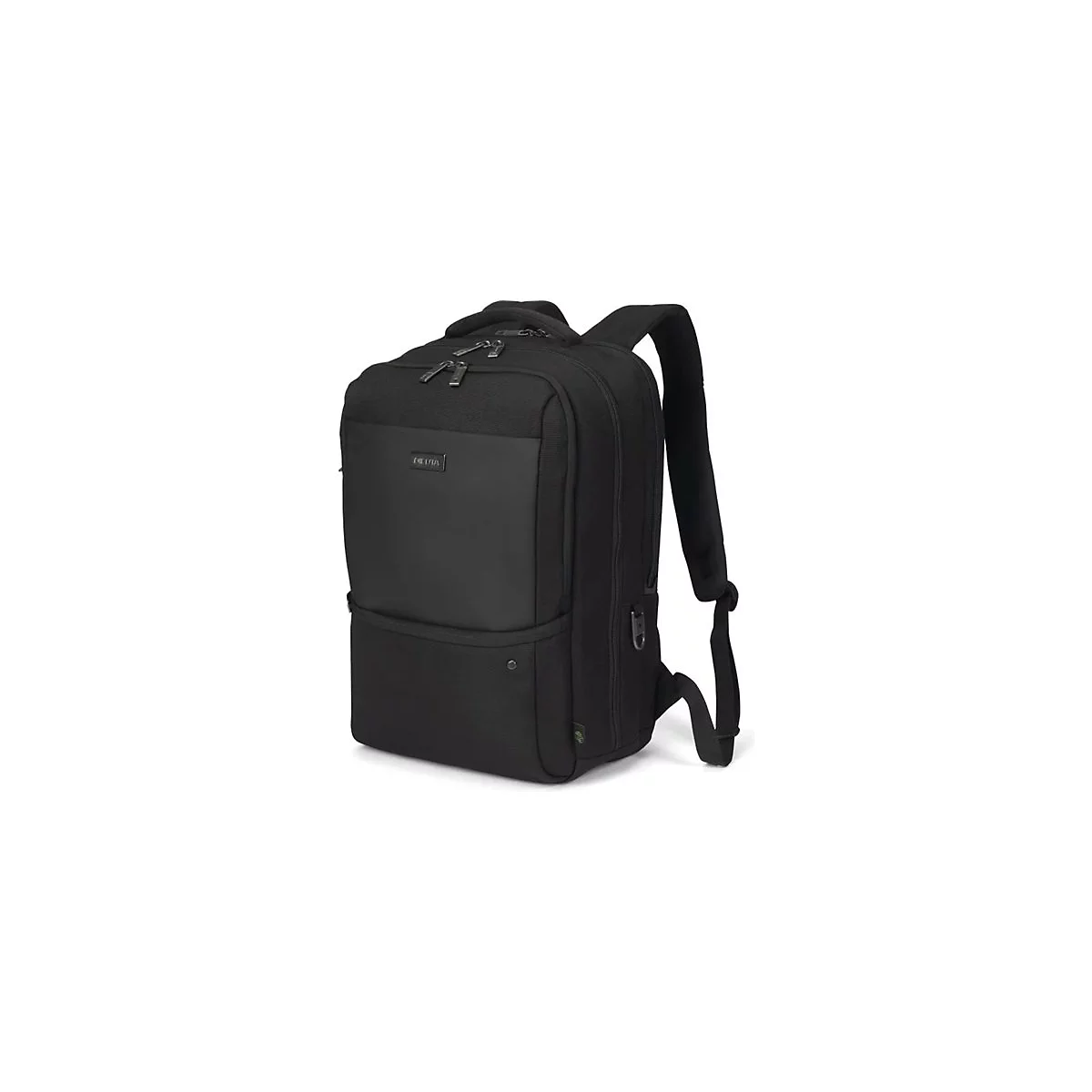 Sac à dos noir avec plusieurs compartiments et fermetures éclair, marque DICOTA, sur fond blanc.