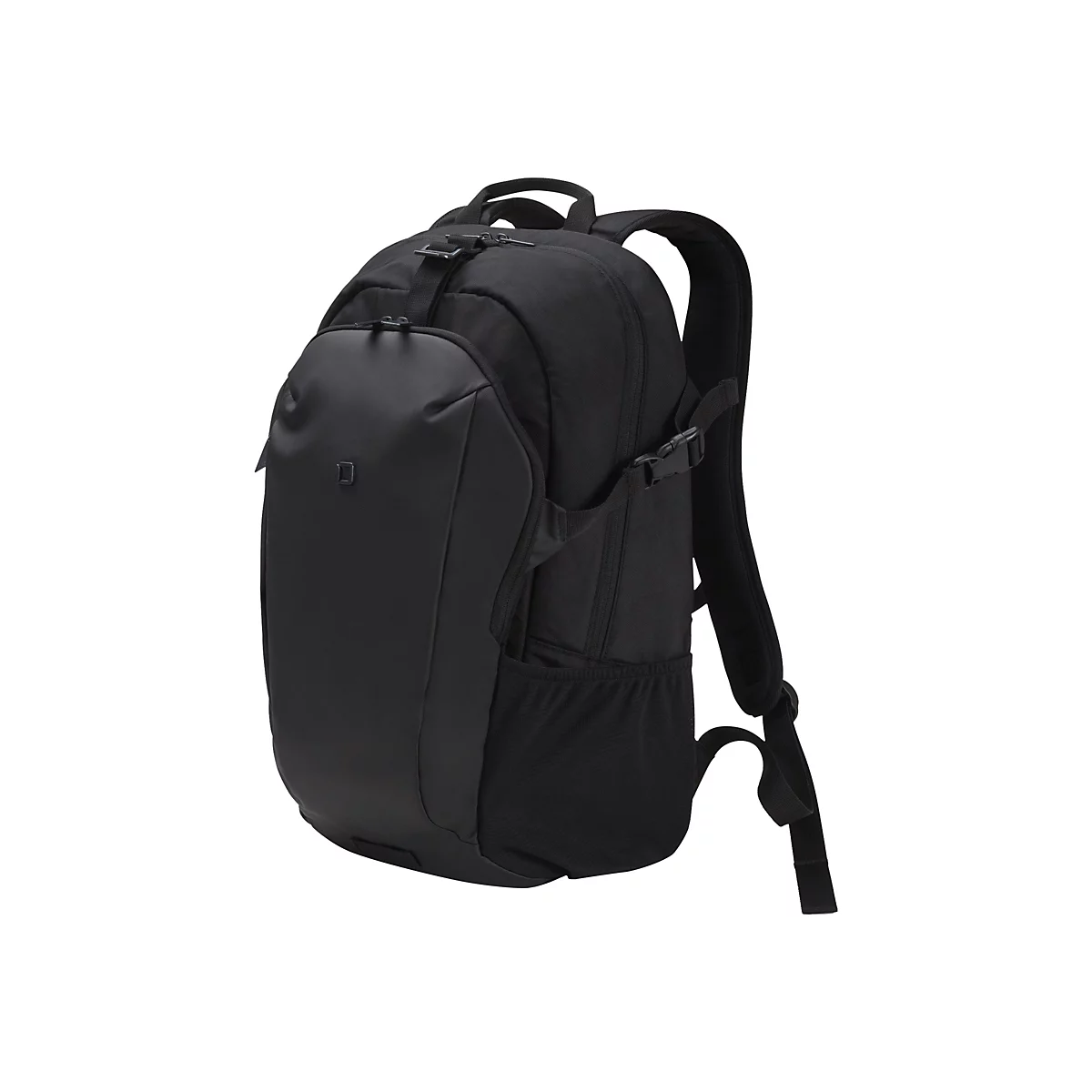 Schwarzer Rucksack vor weißem Hintergrund. Der Rucksack hat ein schlankes Design mit mehreren Fächern und Tragegurten.