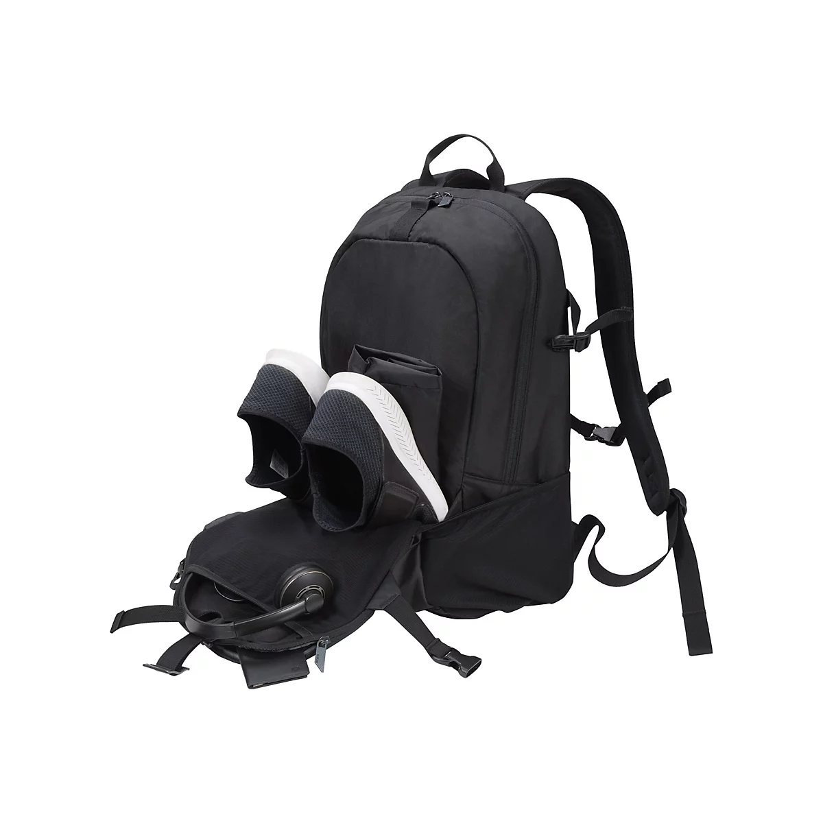 Schwarzer Rucksack mit weissen Schuhen. Der Rucksack hat mehrere FÃ¤cher und TrÃ¤ger.
