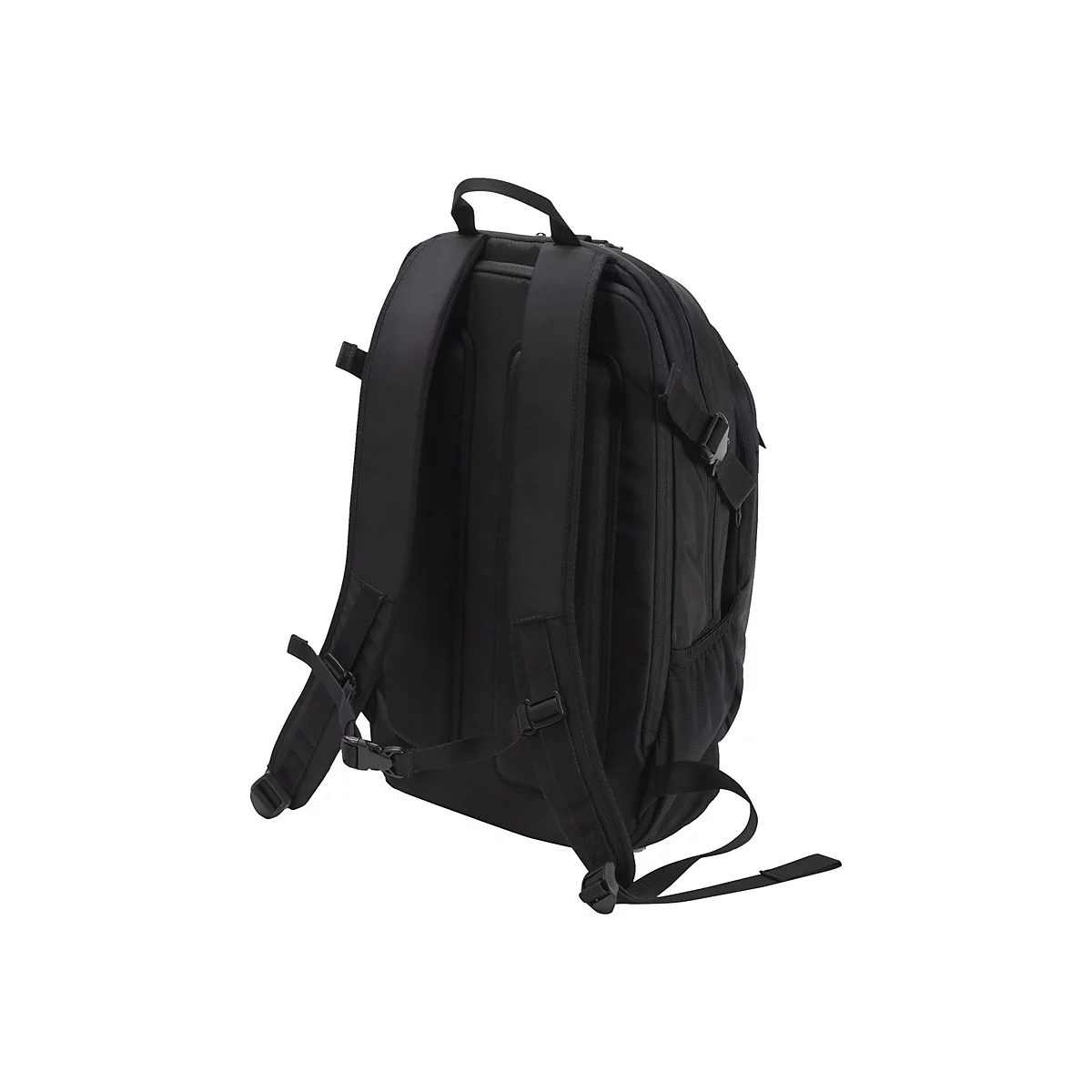 Schwarzer Rucksack, Ansicht von hinten. Gepolsterte TrÃ¤ger und RÃ¼ckenflÃ¤che, ein Tragegriff oben.