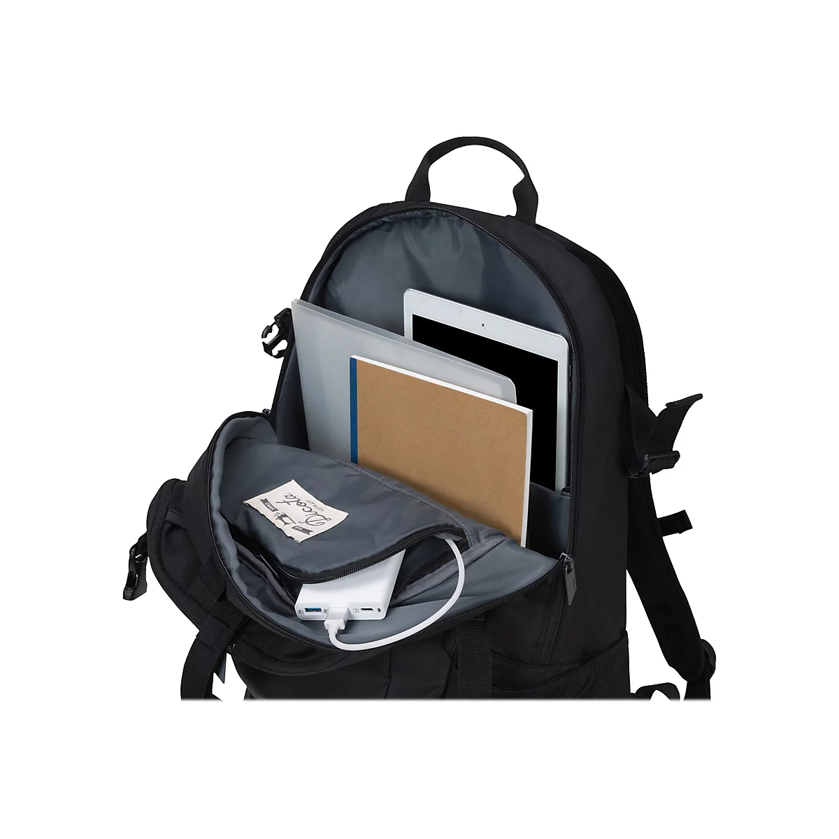 Schwarzer Rucksack, geÃ¶ffnet, gefÃ¼llt mit Tablet, Ordner, Notizbuch und Powerbank.