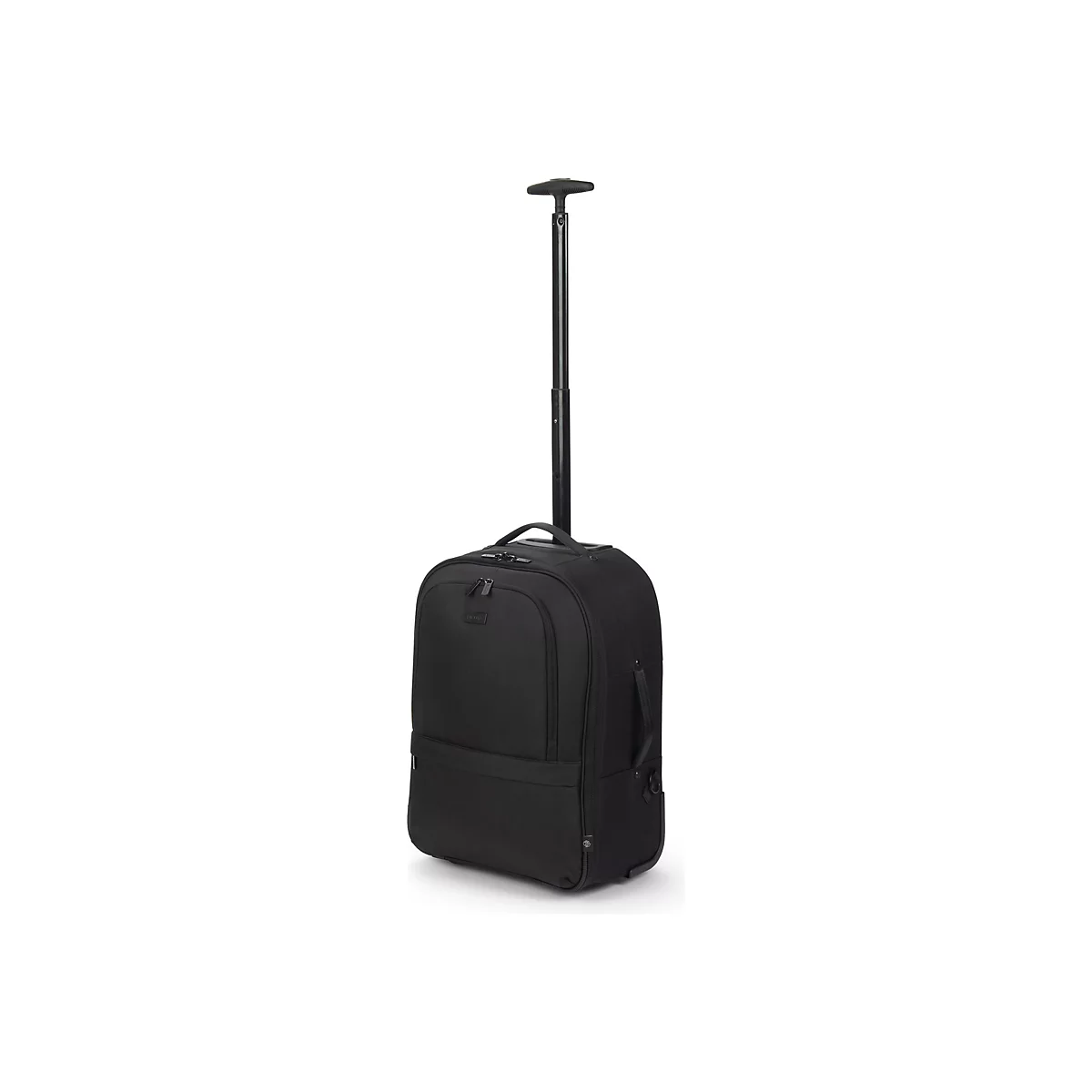 Sac à dos trolley noir avec poignée télescopique. Sur fond clair.