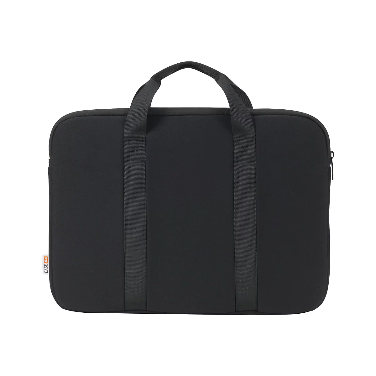 Schwarze Laptoptasche mit Griffen. Auf der Ecke ist der Schriftzug BASE XX zu sehen.