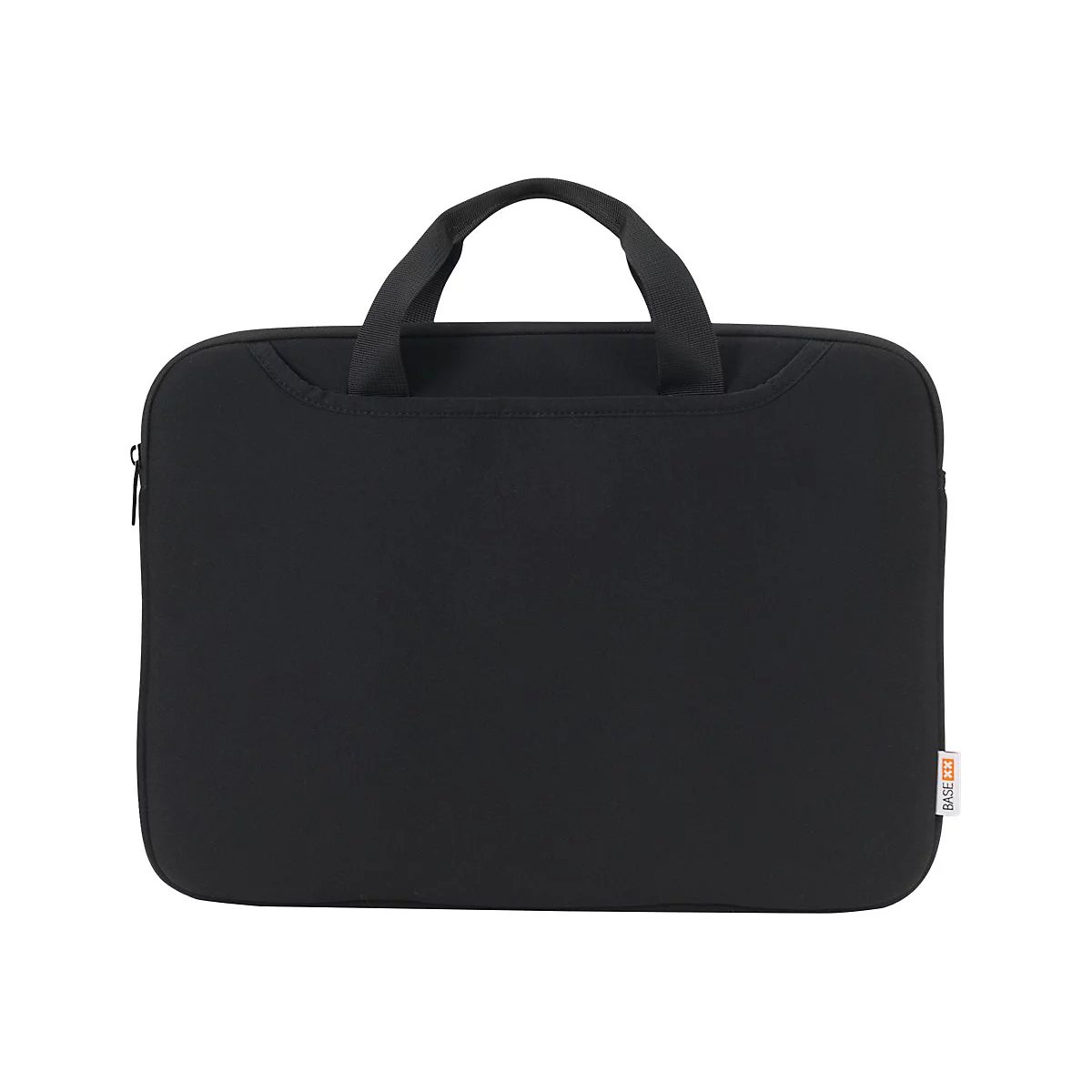 Schwarze Laptoptasche mit Tragegriff. Reißverschluss an der Seite, Logo am unteren Rand.