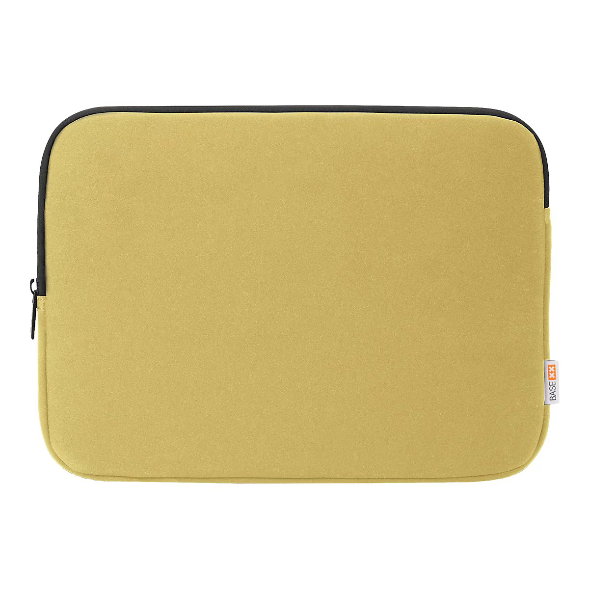 Housse d'ordinateur portable vert-jaune avec fermeture éclair et bordure noirs.
