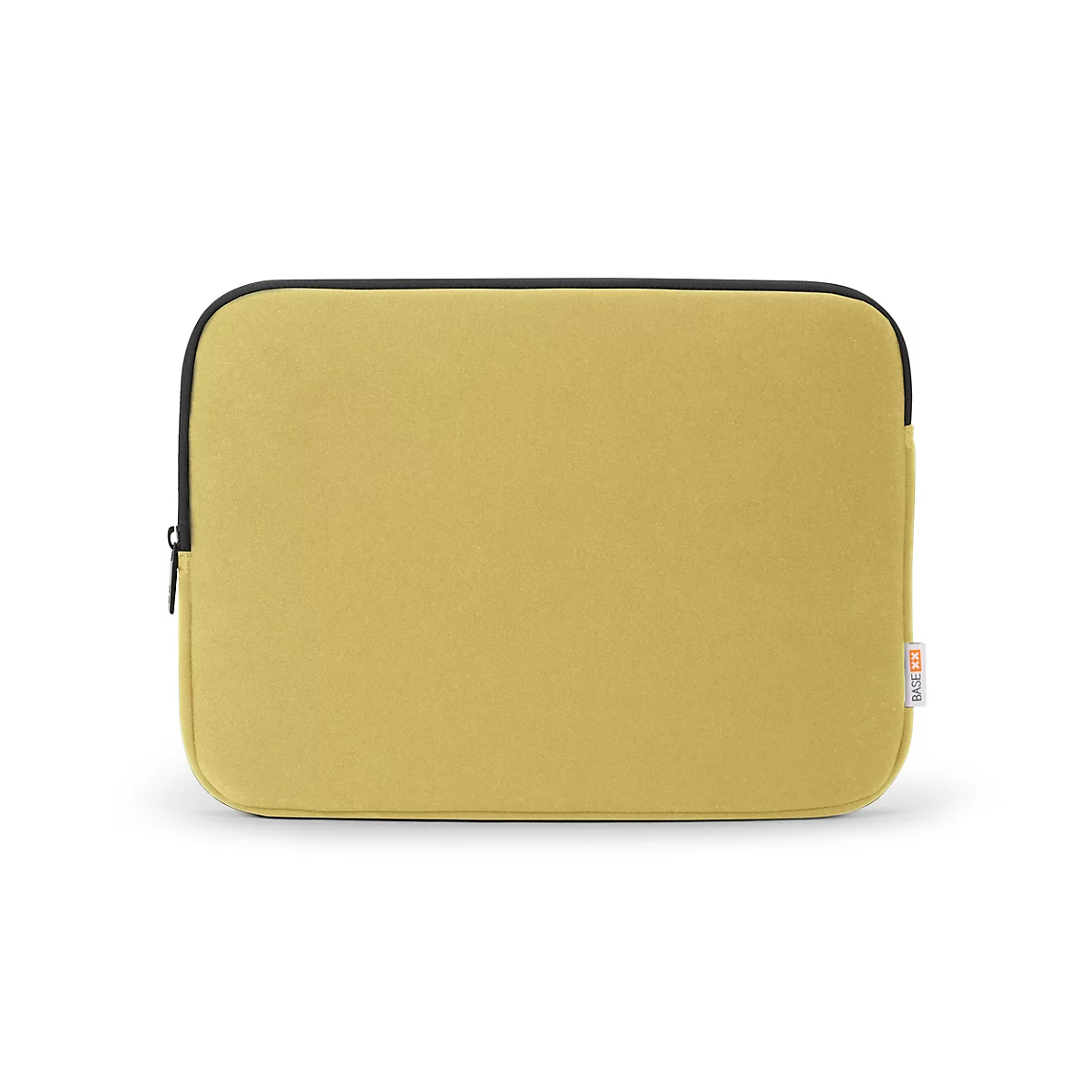 Housse d'ordinateur portable jaune avec fermeture éclair noire et bordure noire, étiquette avec texte blanc.