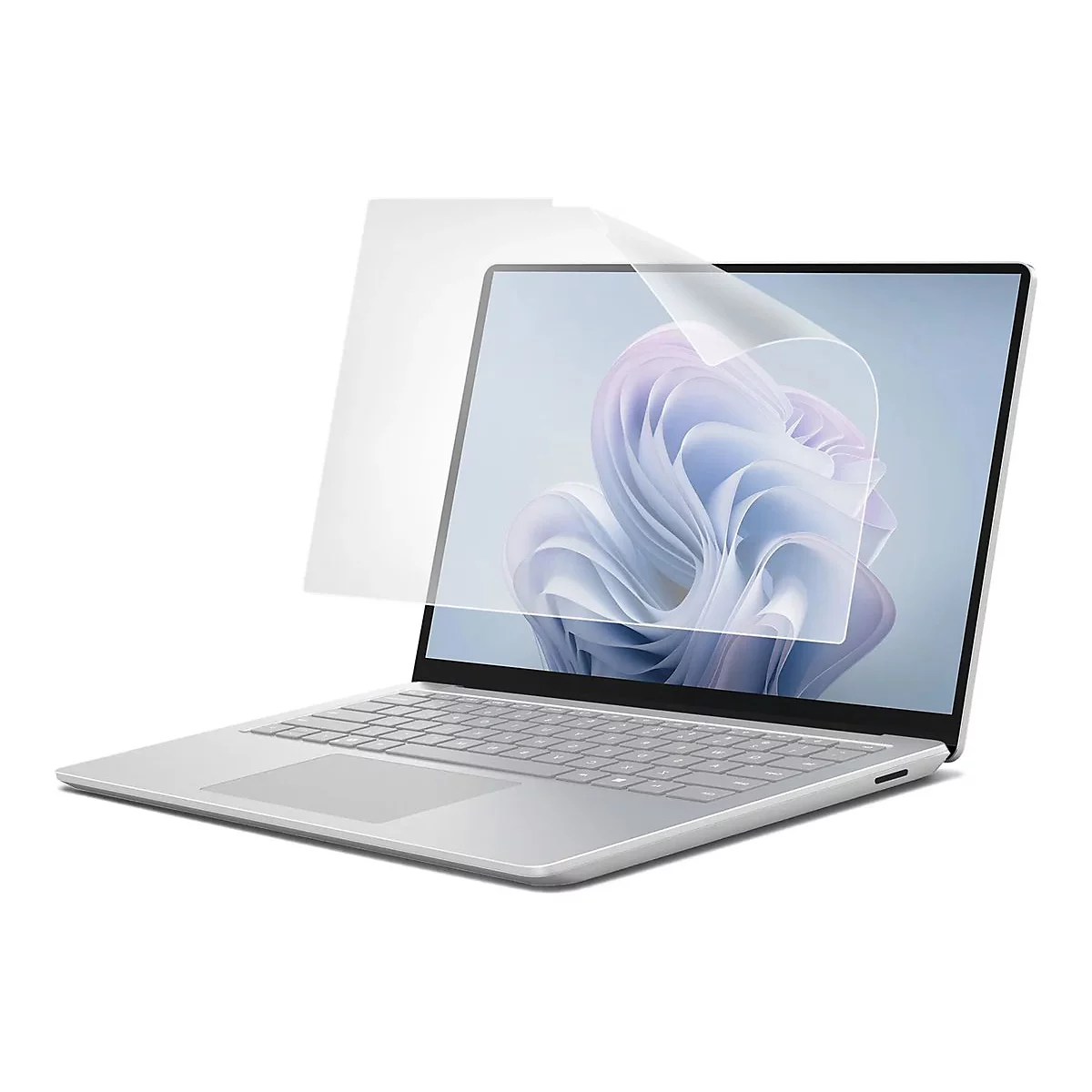 Ein silberner Laptop mit aufgesetzter Displayschutzfolie. Der Bildschirm zeigt ein abstraktes, weiß-lilafarbenes Muster.