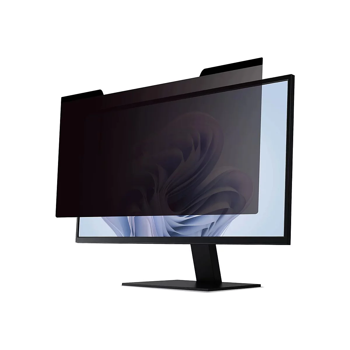 Monitor mit Blickschutzfilter, Bildschirm zeigt Windows-Hintergrund, schwarzer Rahmen.