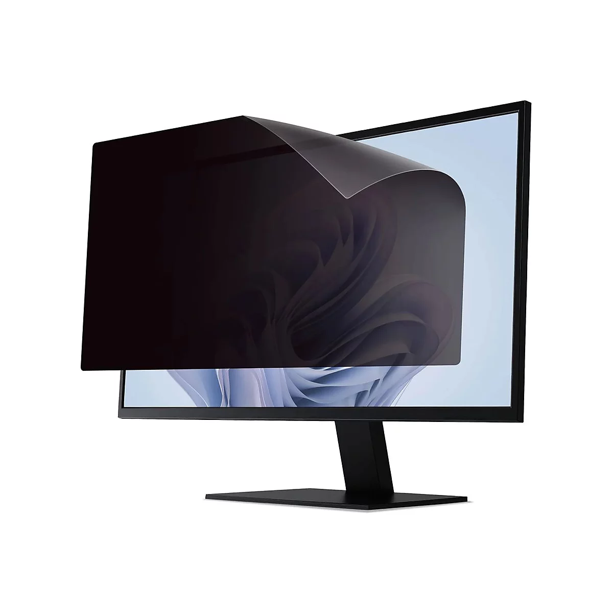 Ein Monitor mit aufgesetztem Sichtschutz, der zur Hälfte abgezogen wird. Der Monitor ist schwarz und hat einen schmalen Rahmen.