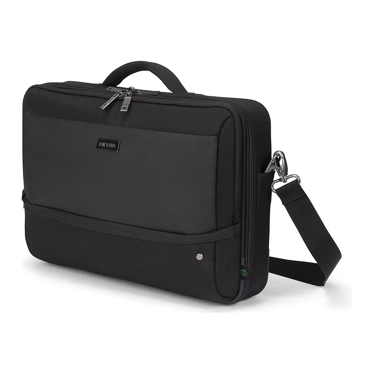 Sacoche pour ordinateur portable noire avec bandoulière, marque Dicota. Poignée et fermeture éclair argentées.
