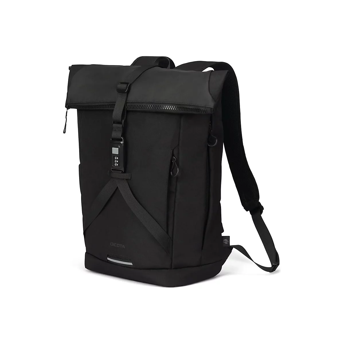 Schwarzer Rucksack mit Sicherheitsverschluss. Dickota Logo.