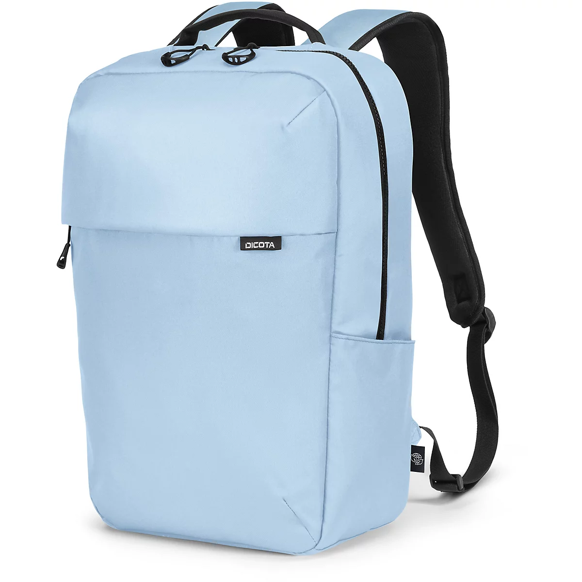 Hellblauer Rucksack mit schwarzen Details und DICOTA-Logo. Auf weißem Hintergrund.