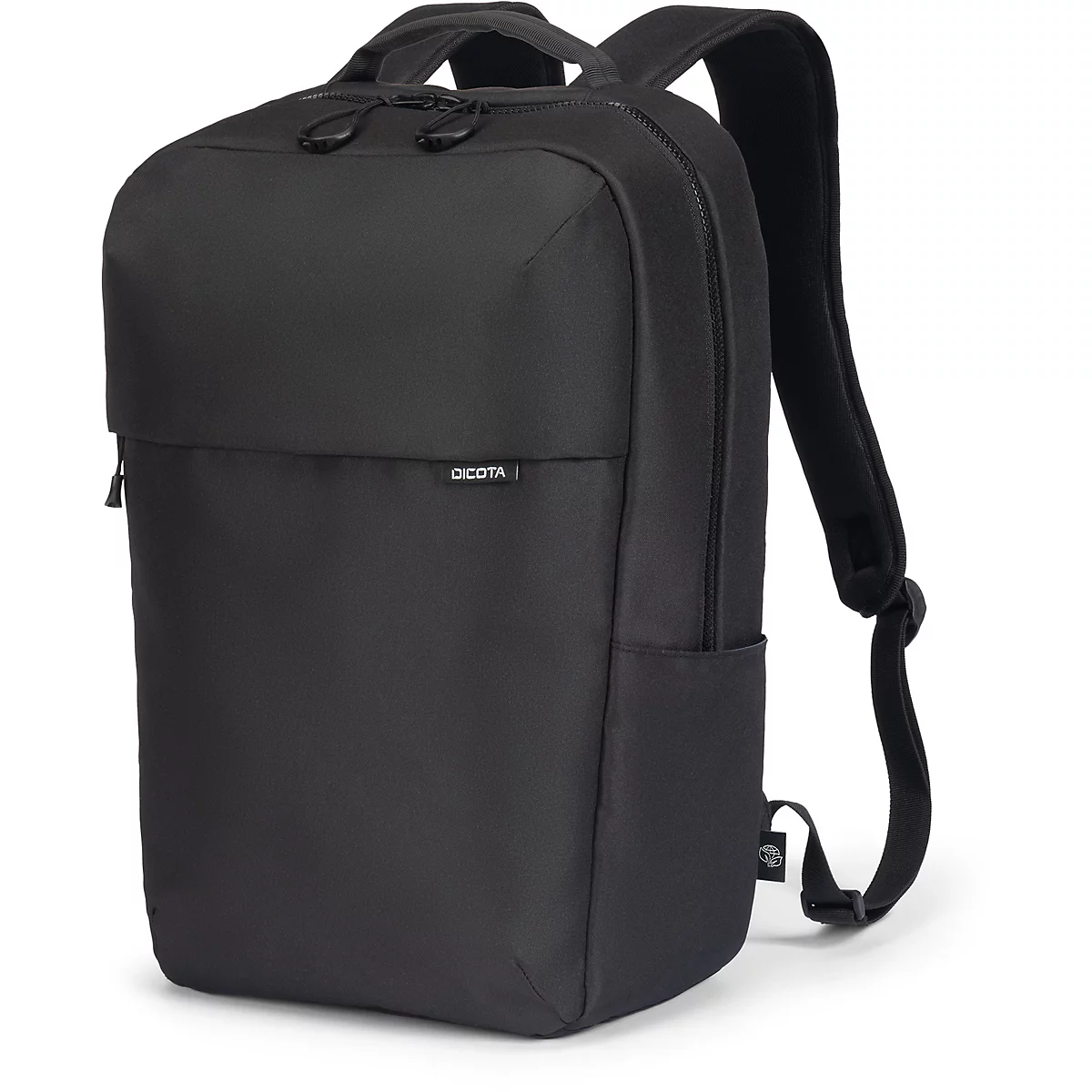 Schwarzer Rucksack mit Reißverschluss, kleinem Fach und Tragegurten. Das Markenlogo ist sichtbar.