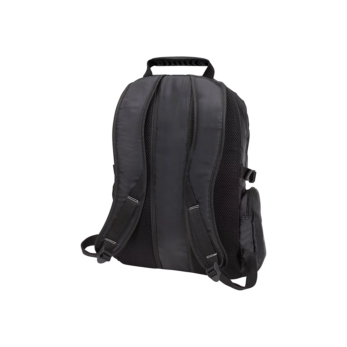 Vue arrière d'un sac à dos noir avec panneau dorsal rembourré et bretelles réglables.