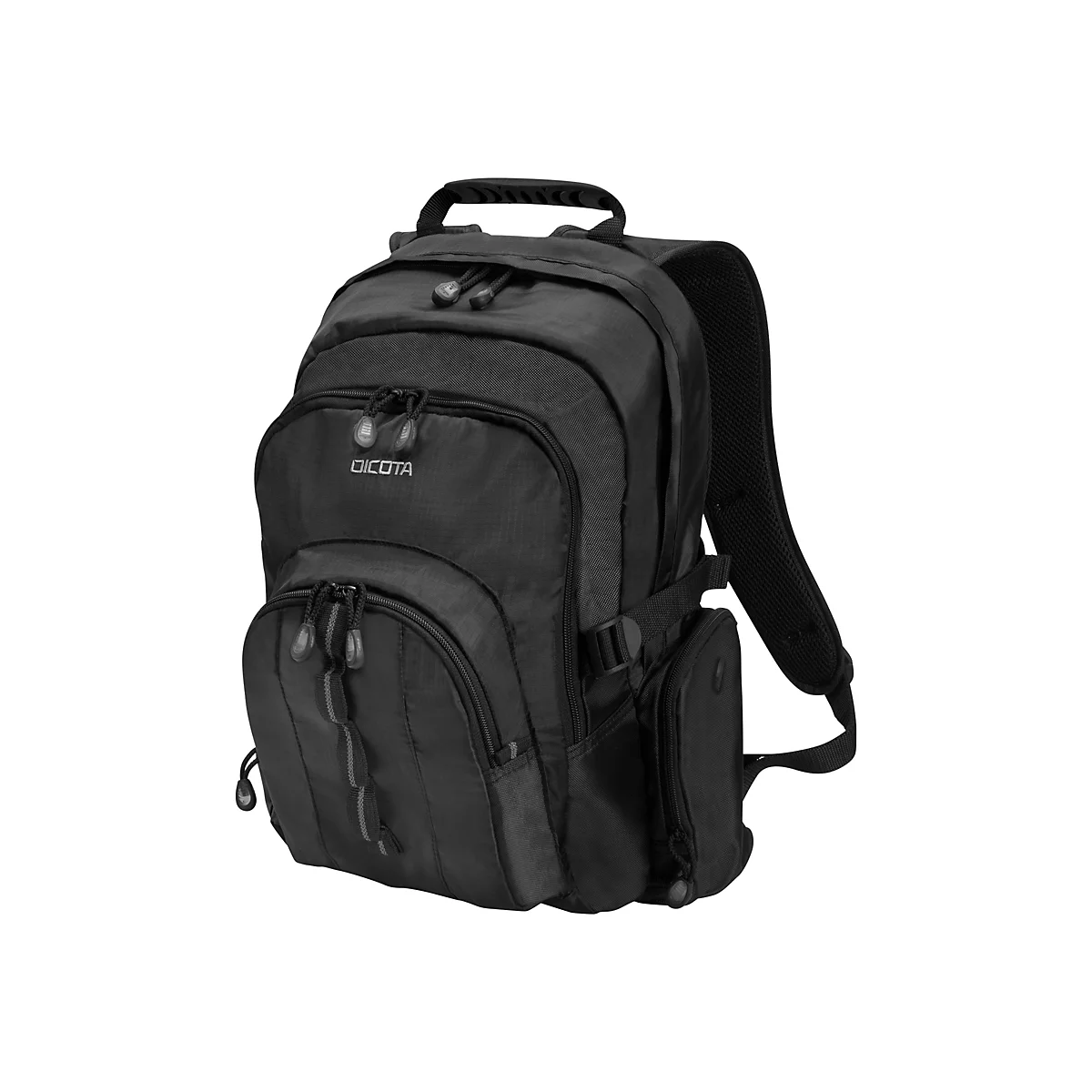 Sac à dos noir avec plusieurs compartiments et fermetures éclair, marque DICOTA.