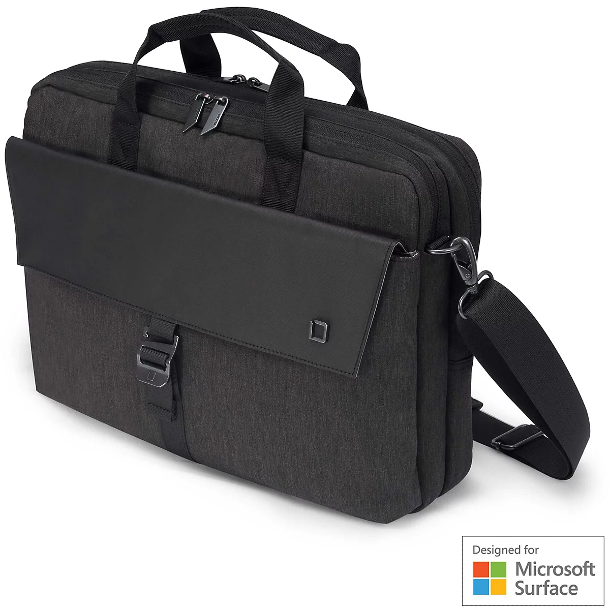 Sacoche pour ordinateur portable sombre avec bandoulière, rabat et fermetures éclair argentées, portant le logo Microsoft Surface.
