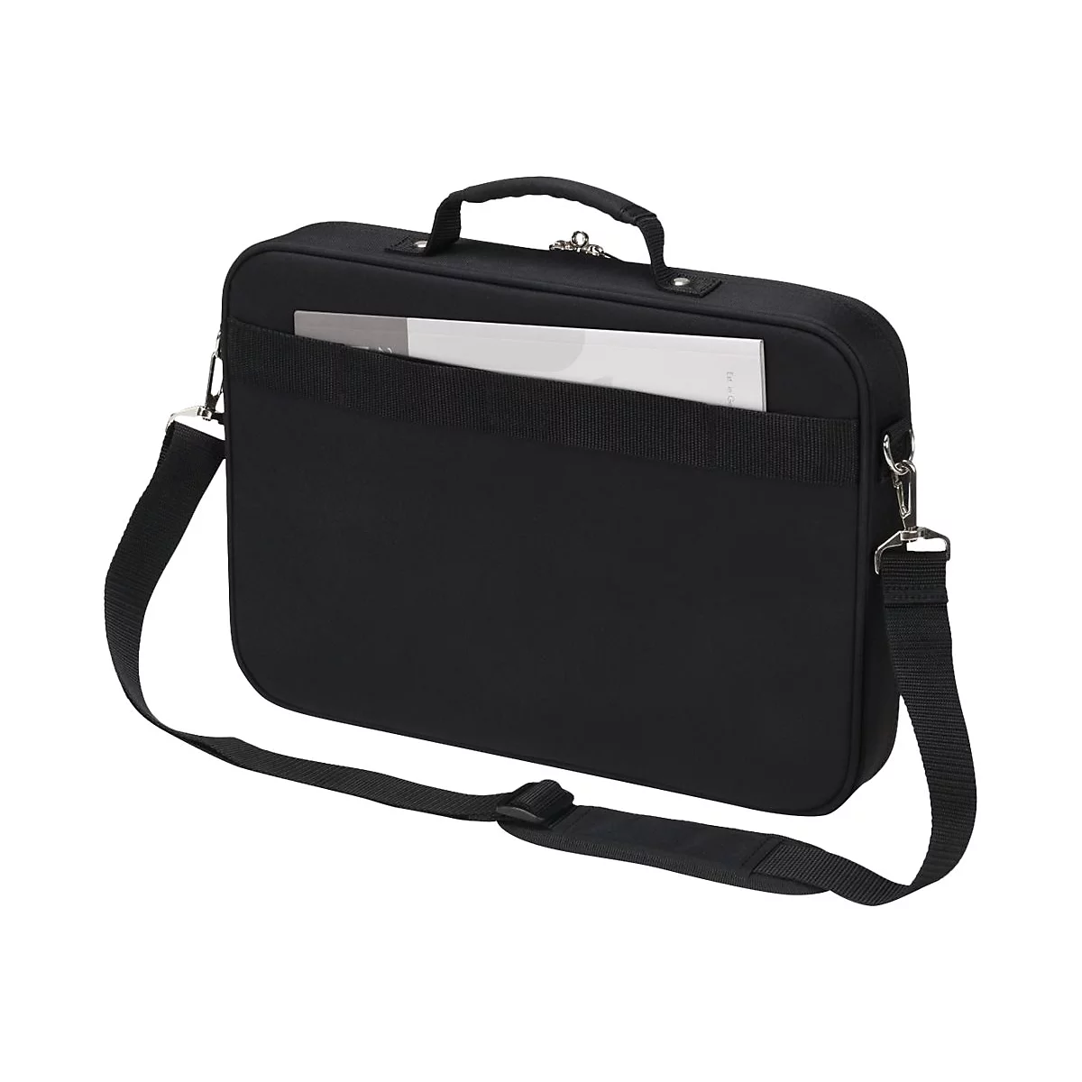 Sacoche pour ordinateur portable noire avec poignée et bandoulière. Du papier se trouve dans la poche avant.