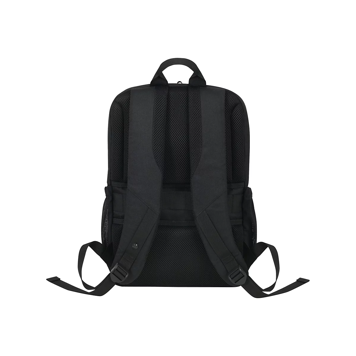 Schwarzer Rucksack von hinten, mit gepolsterten Schultergurten und Tragegriff.